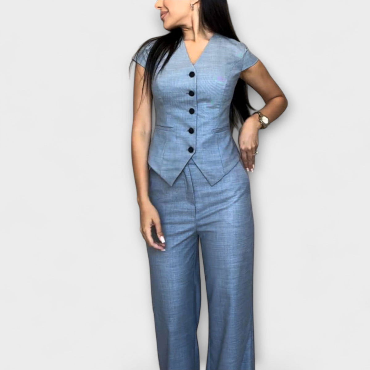 Ivy - Ensemble Bleu avec Haut Col V et Pantalon