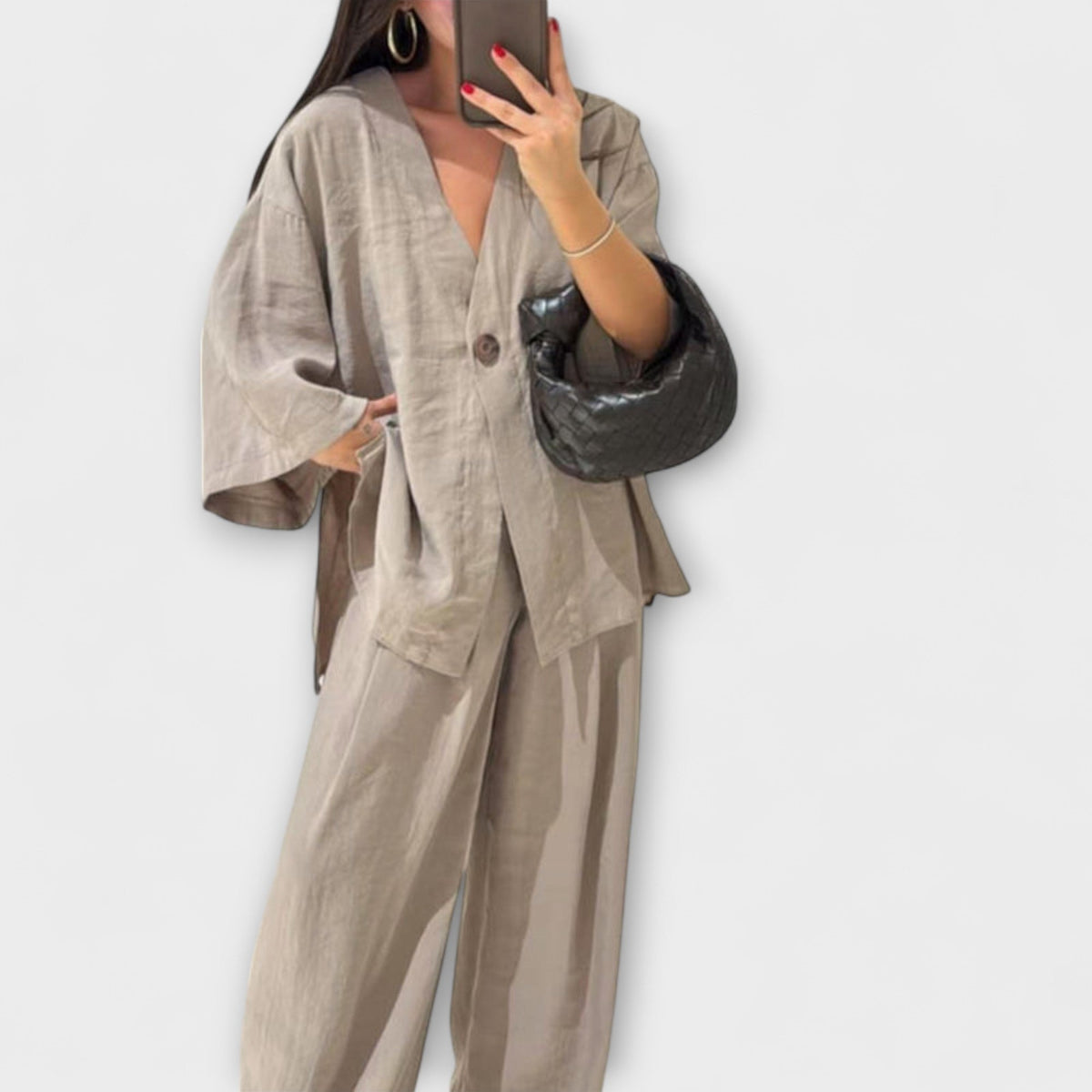 Jacqueline - Ensemble Marron avec Haut Col V et Pantalon