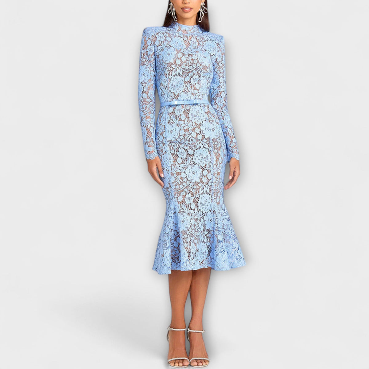 Freya - Robe Midi Bleu Clair en Dentelle Fleurie