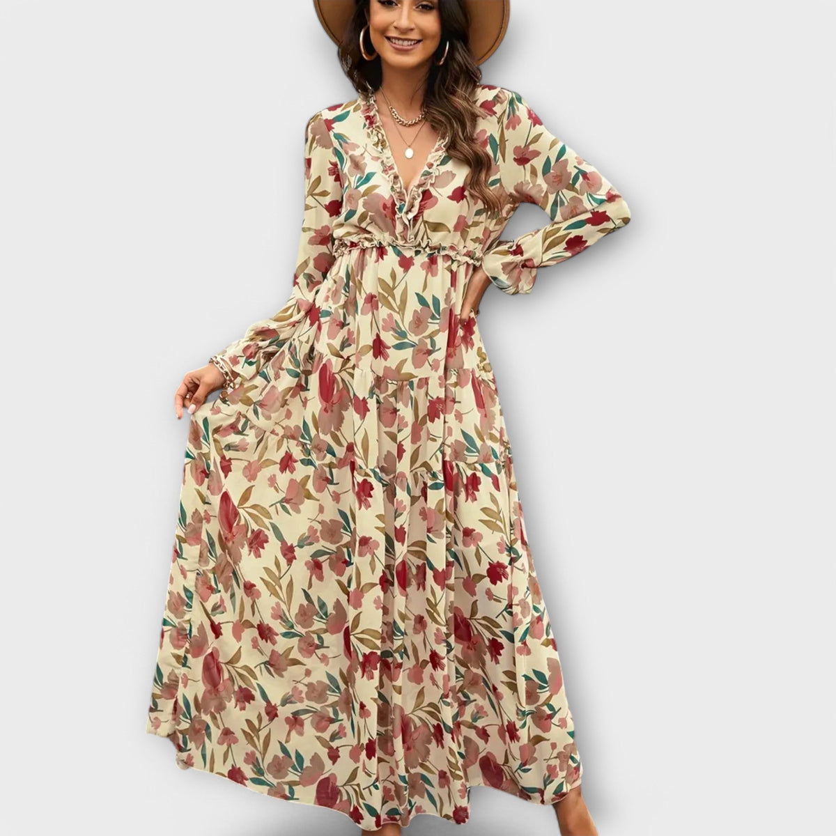 Helen - Robe Longue Rose à Motif Floral