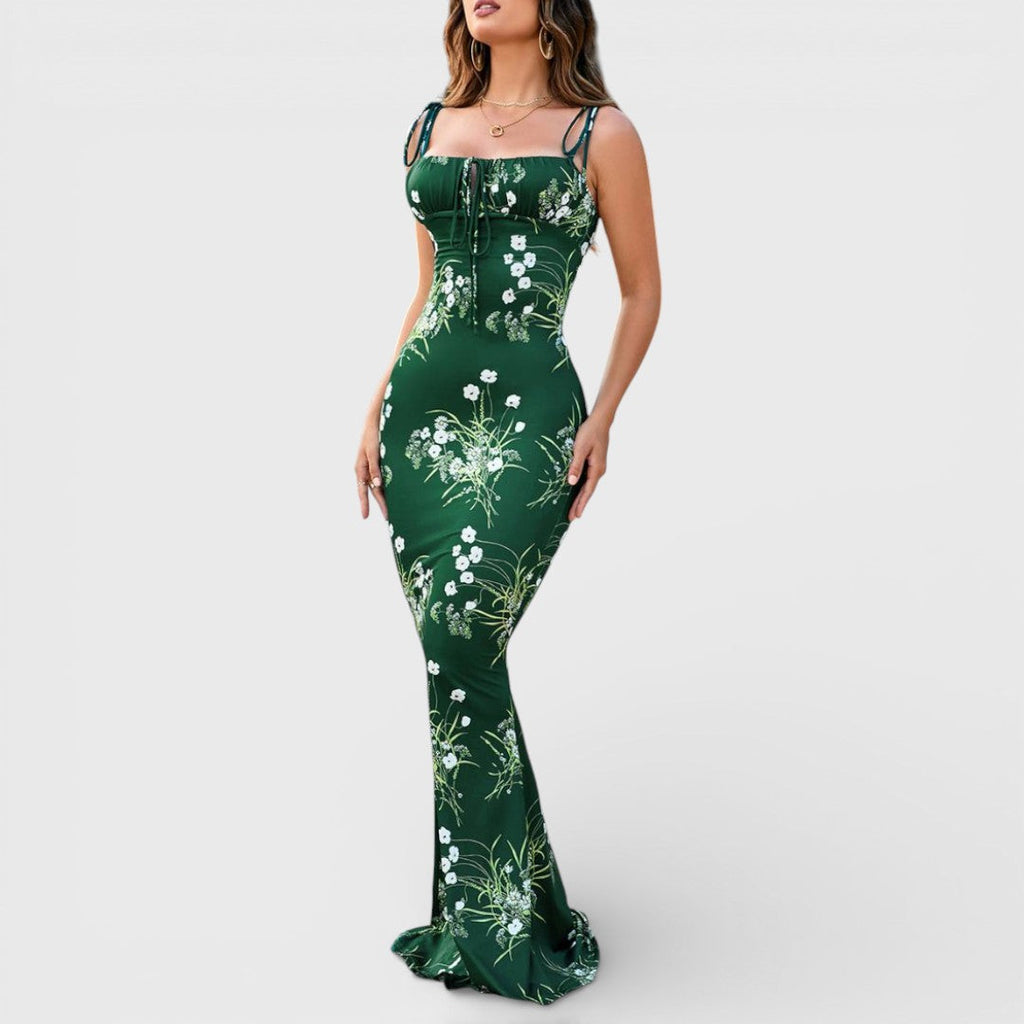 Thalia - Robe Longue Vert Foncé à Motif Floral