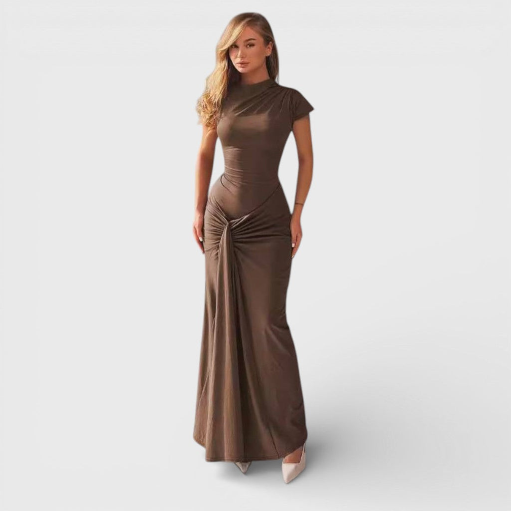 Elara - Robe de Soirée Longue Marron Drapée