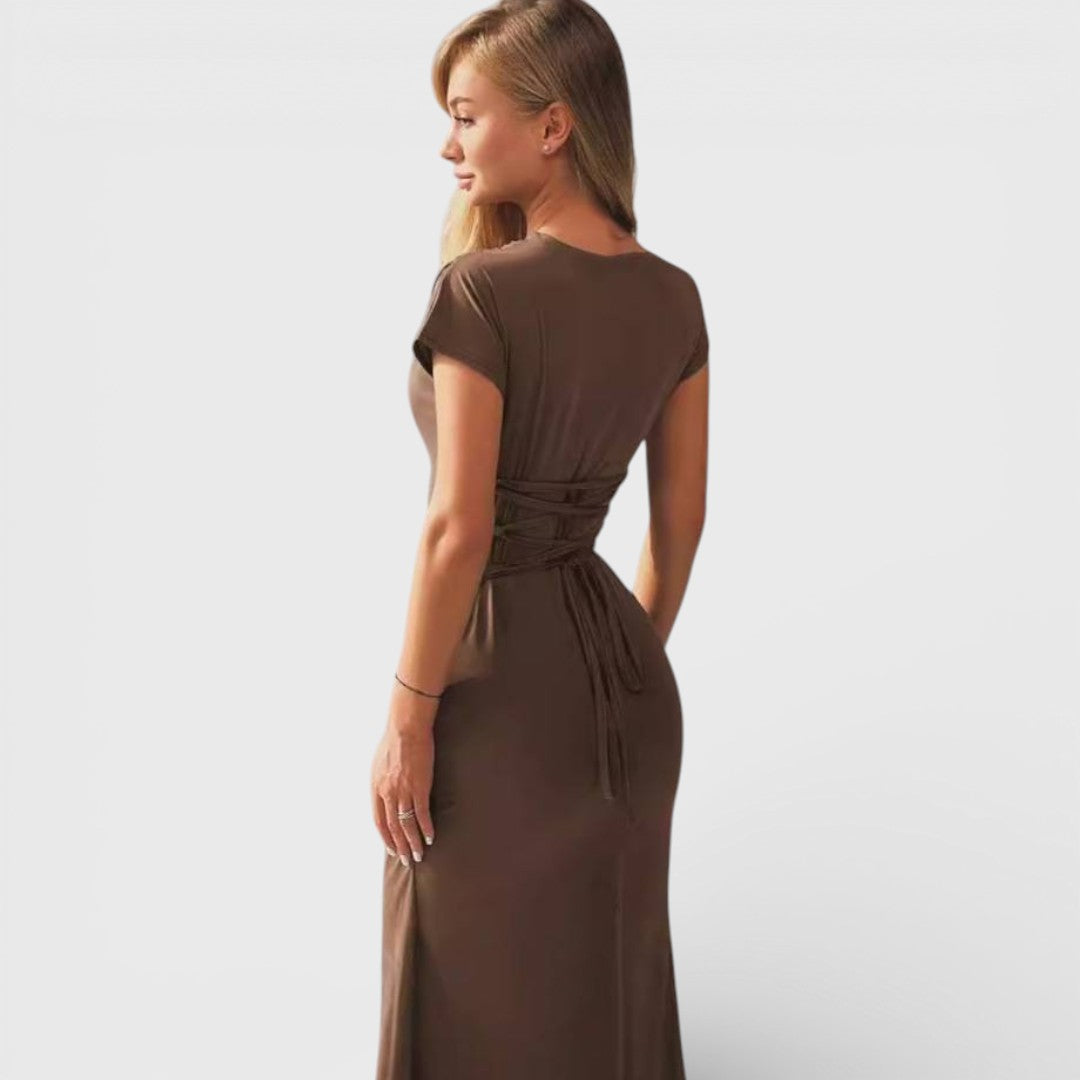 Elara - Robe de Soirée Longue Marron Drapée