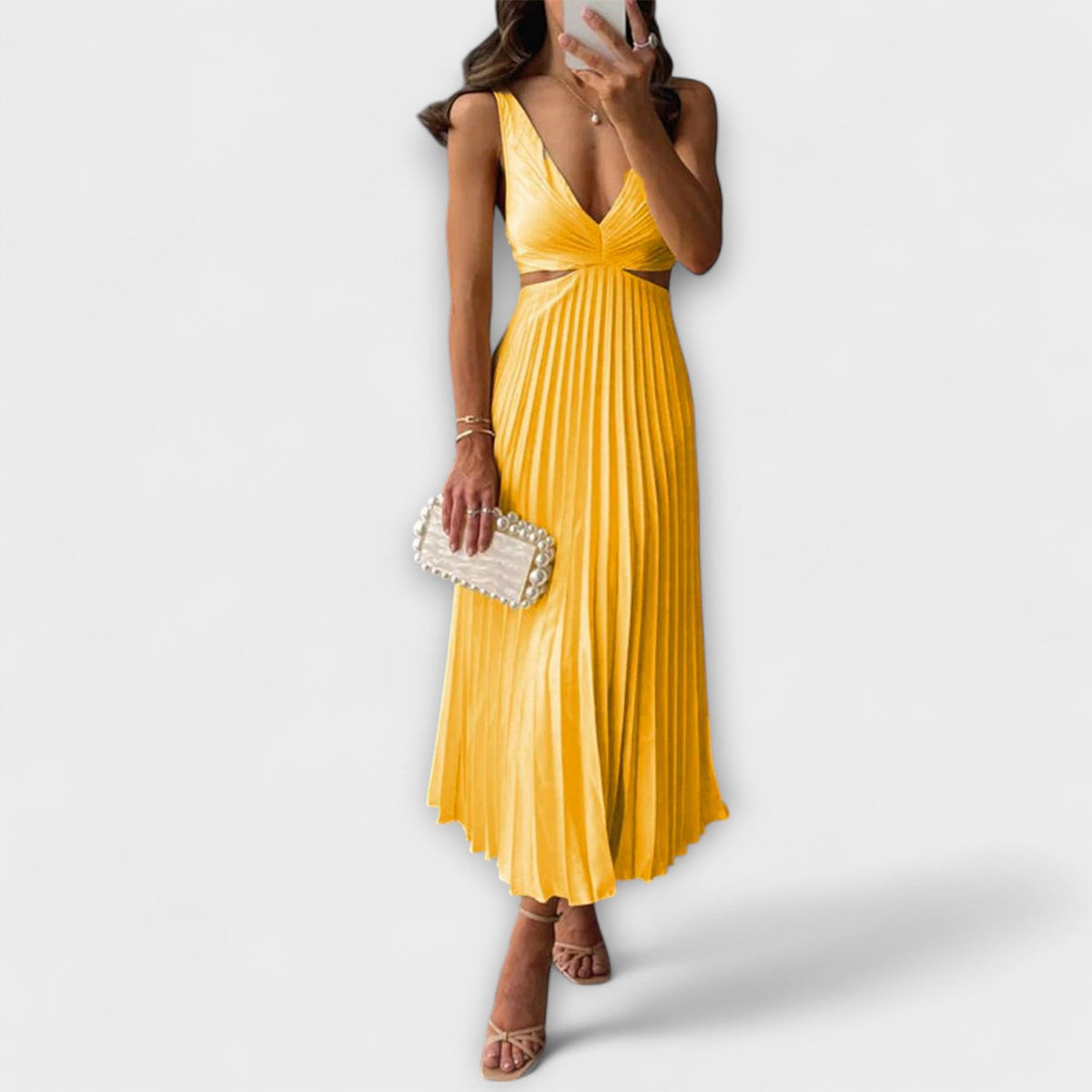 Robe de Soirée Midi Élégante Jaune Plissée
