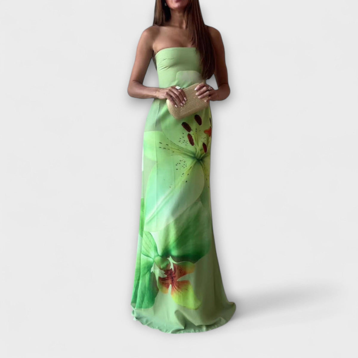 Zephyra - Robe Longue Verte Épaules Dénudées à Imprimé Floral