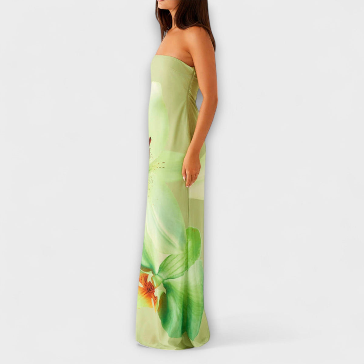 Zephyra - Robe Longue Verte Épaules Dénudées à Imprimé Floral