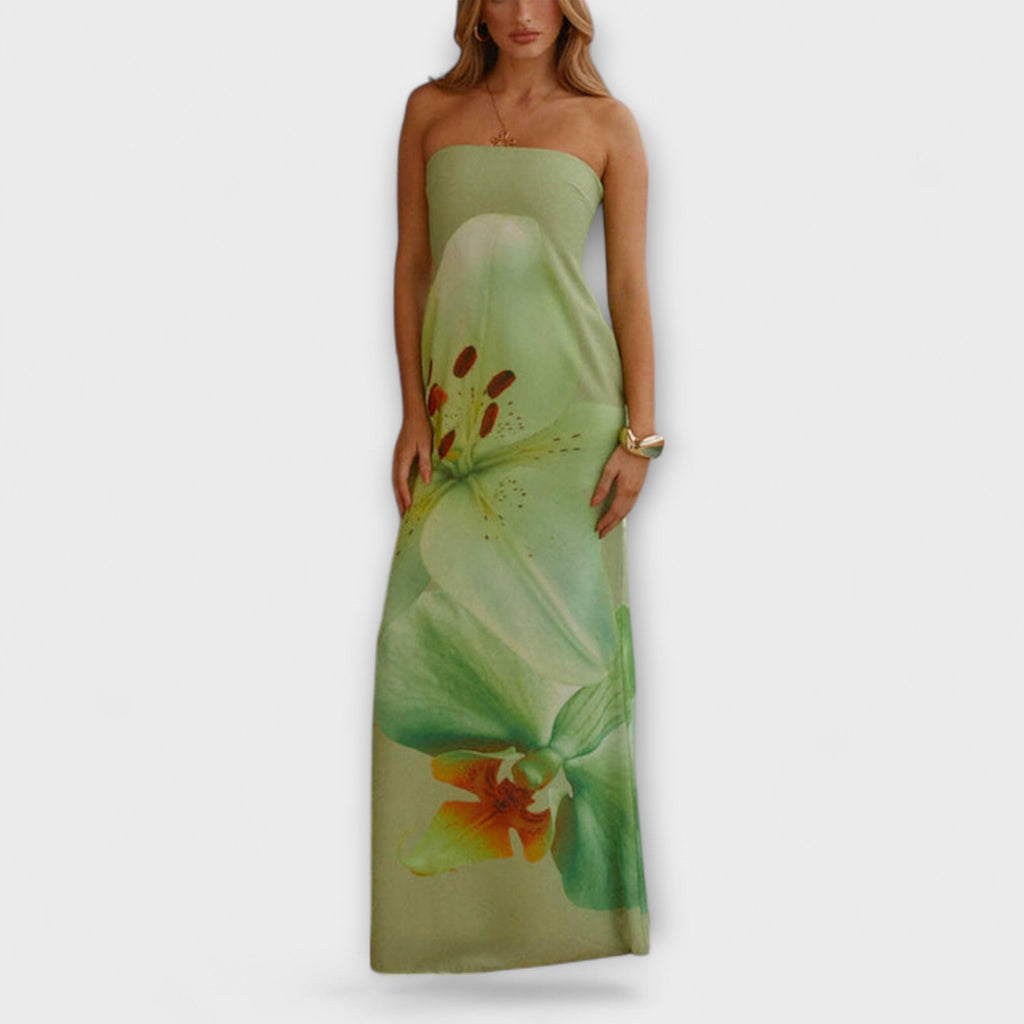 Zephyra - Robe Longue Verte Épaules Dénudées à Imprimé Floral