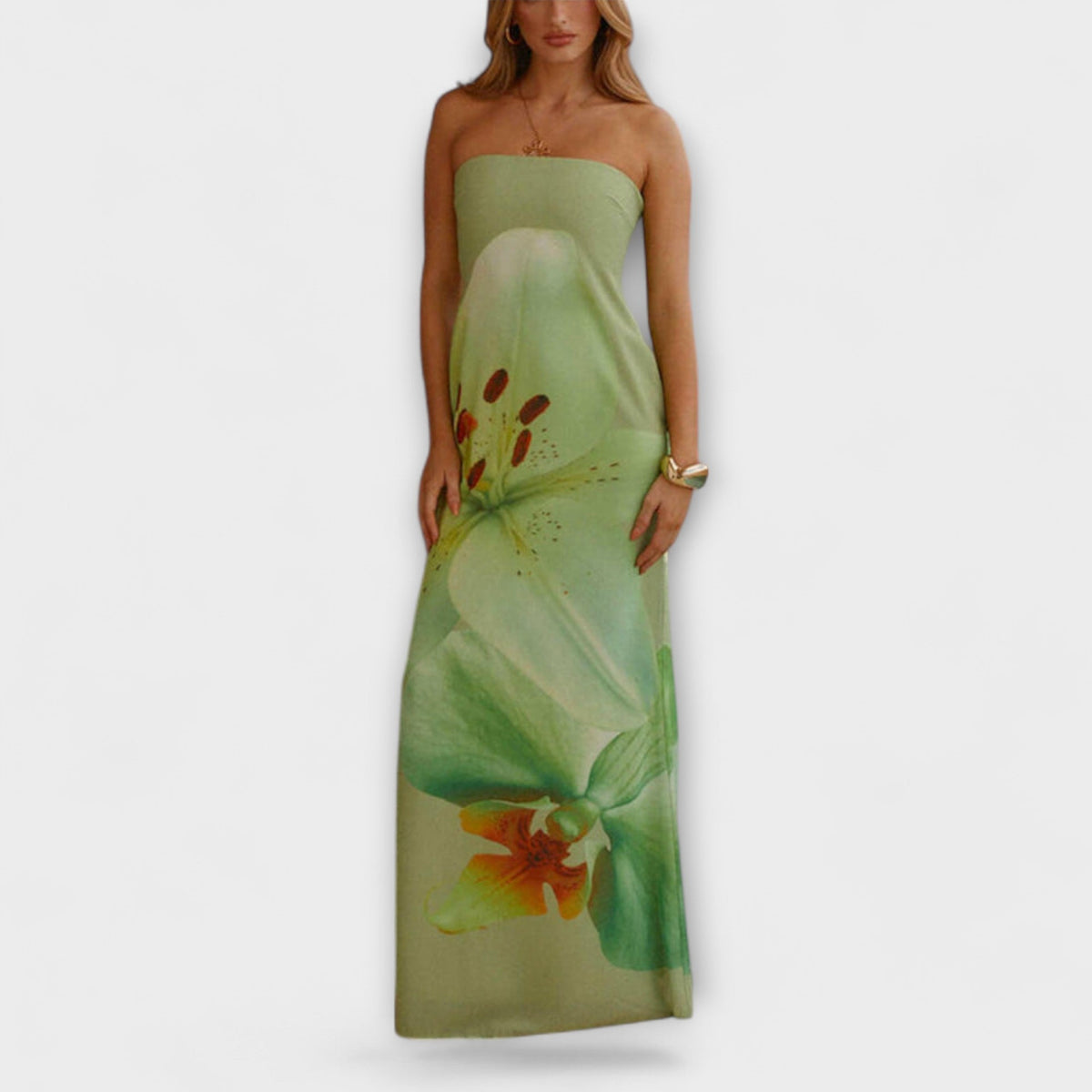 Zephyra - Robe Longue Verte Épaules Dénudées à Imprimé Floral