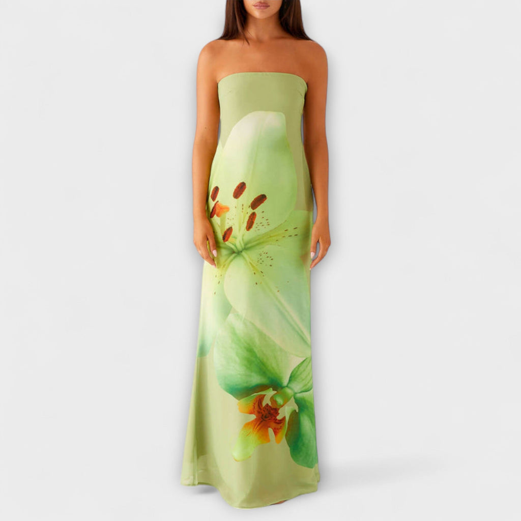 Zephyra - Robe Longue Verte Épaules Dénudées à Imprimé Floral