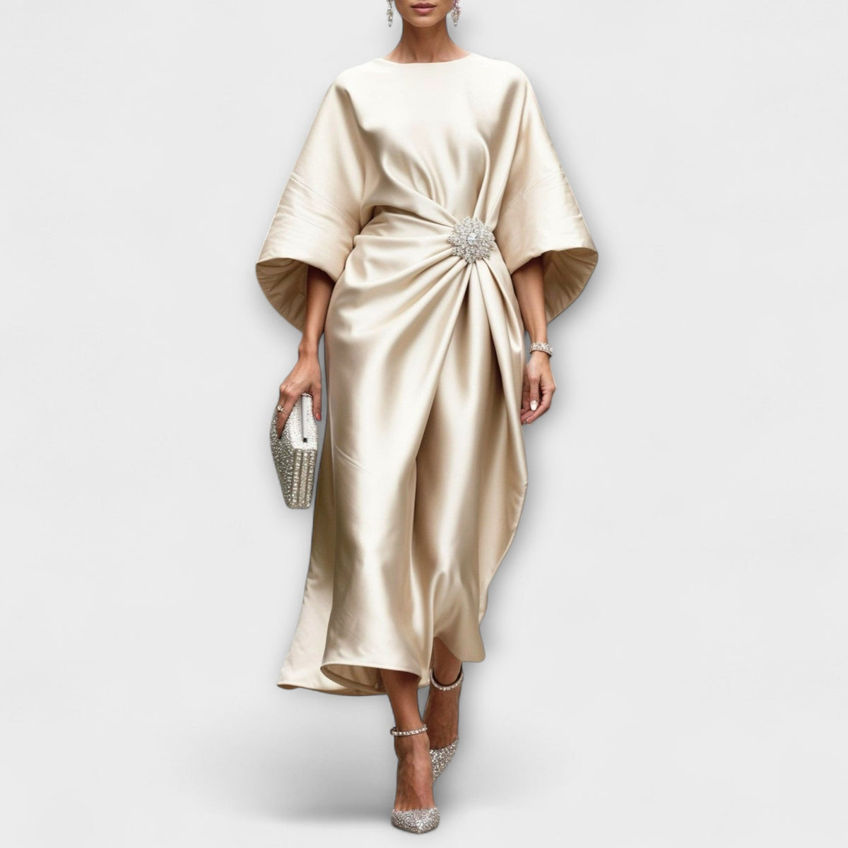 Luxe - Robe Longue en Satin Brillant Bleu Clair