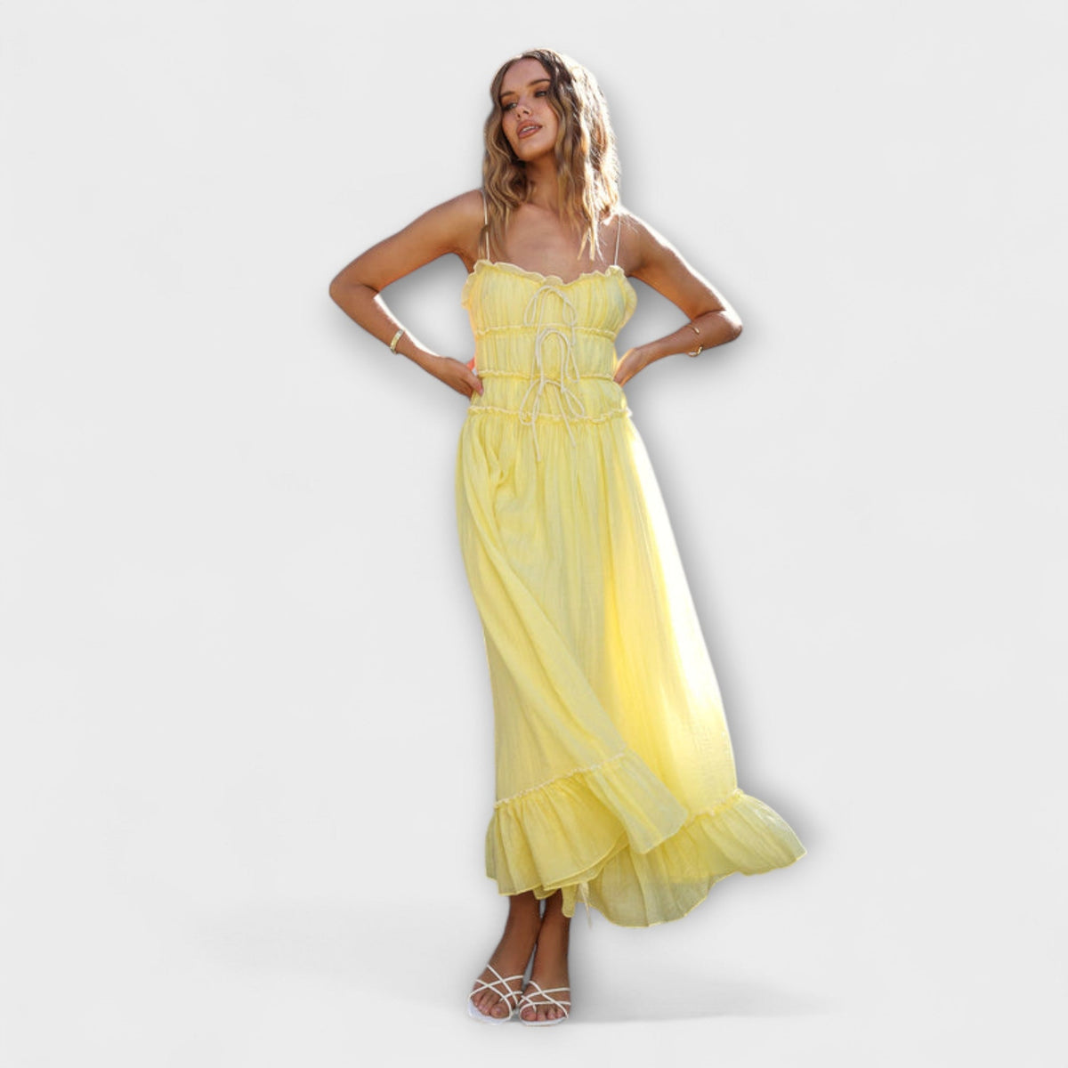 Celine - Robe Longue Jaune à Ourlets Volantés