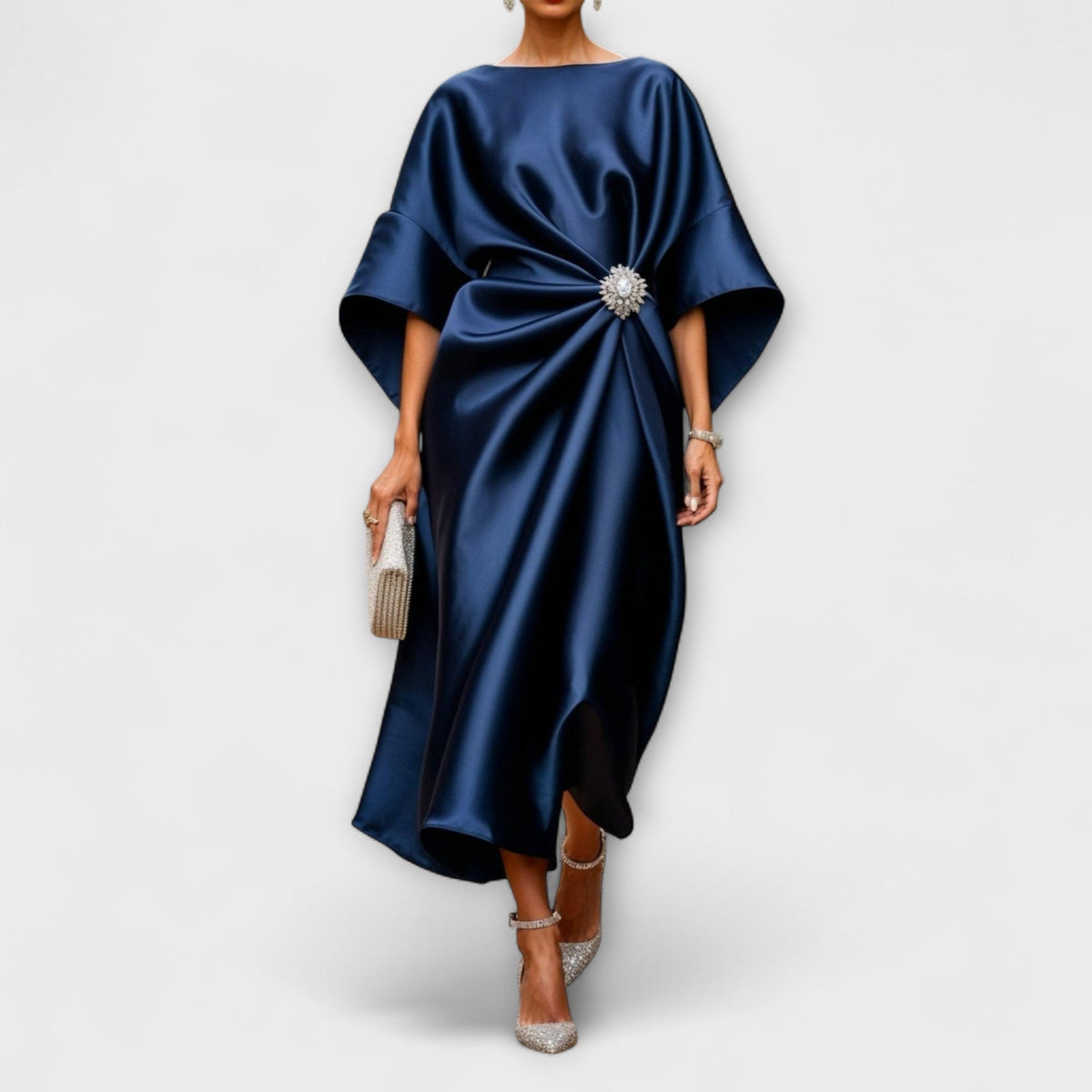 Luxe - Robe Longue en Satin Brillant Bleu Clair