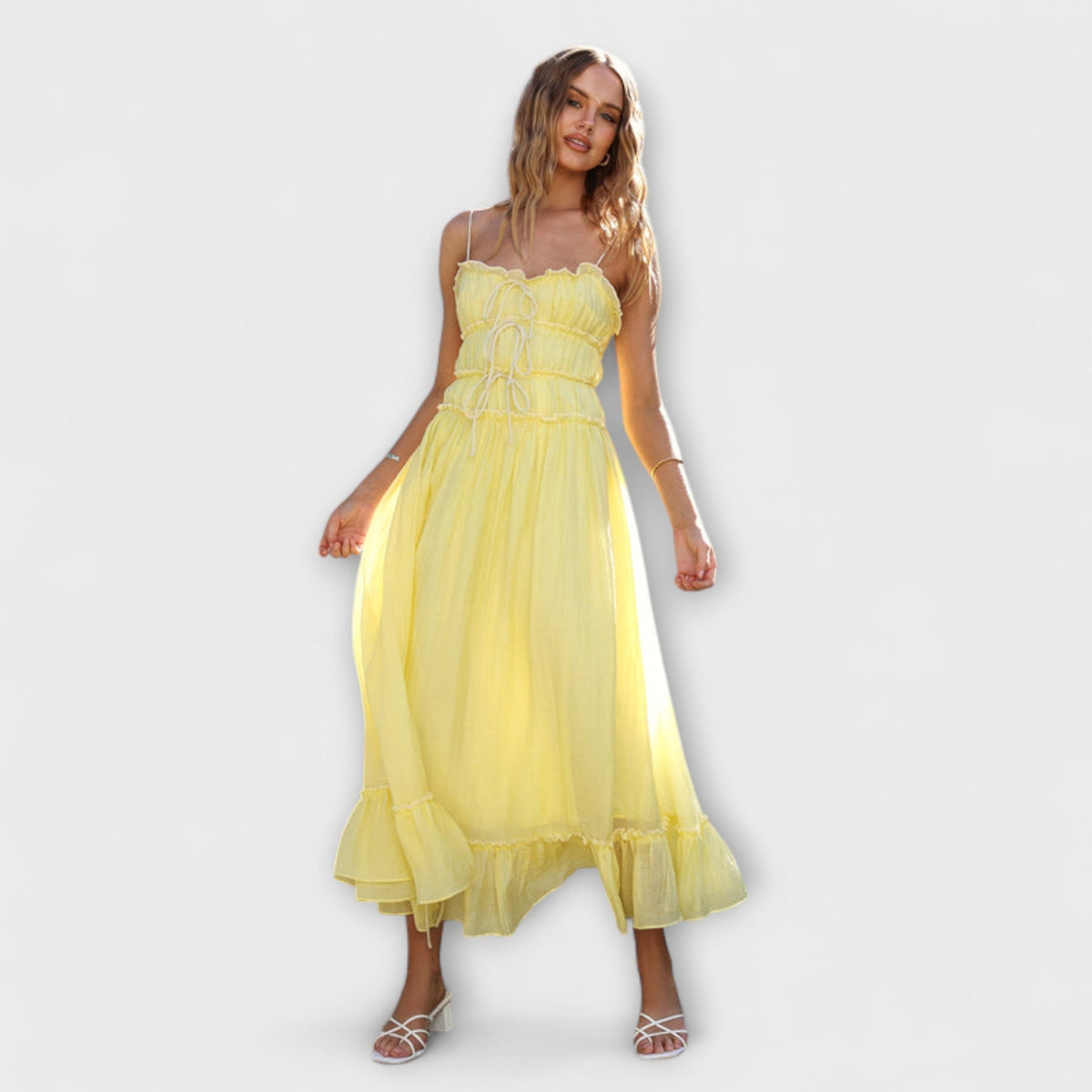 Celine - Robe Longue Jaune à Ourlets Volantés