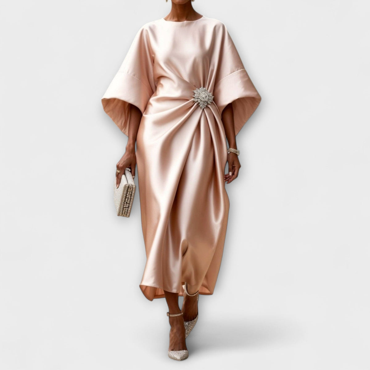 Luxe - Robe Longue en Satin Brillant Bleu Clair