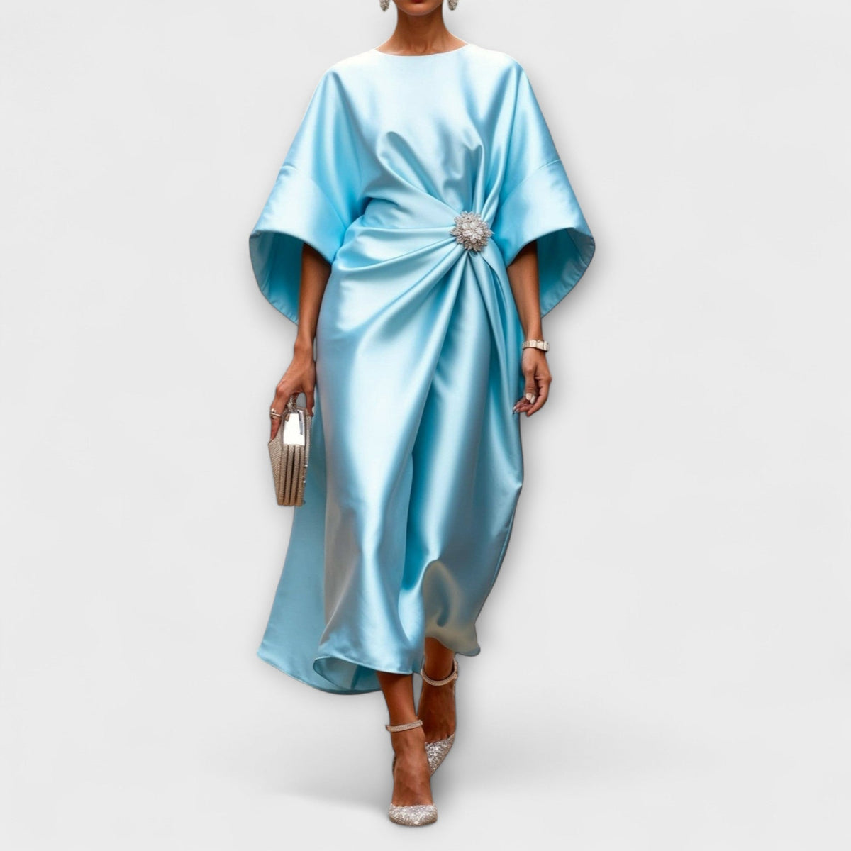 Luxe - Robe Longue en Satin Brillant Bleu Clair