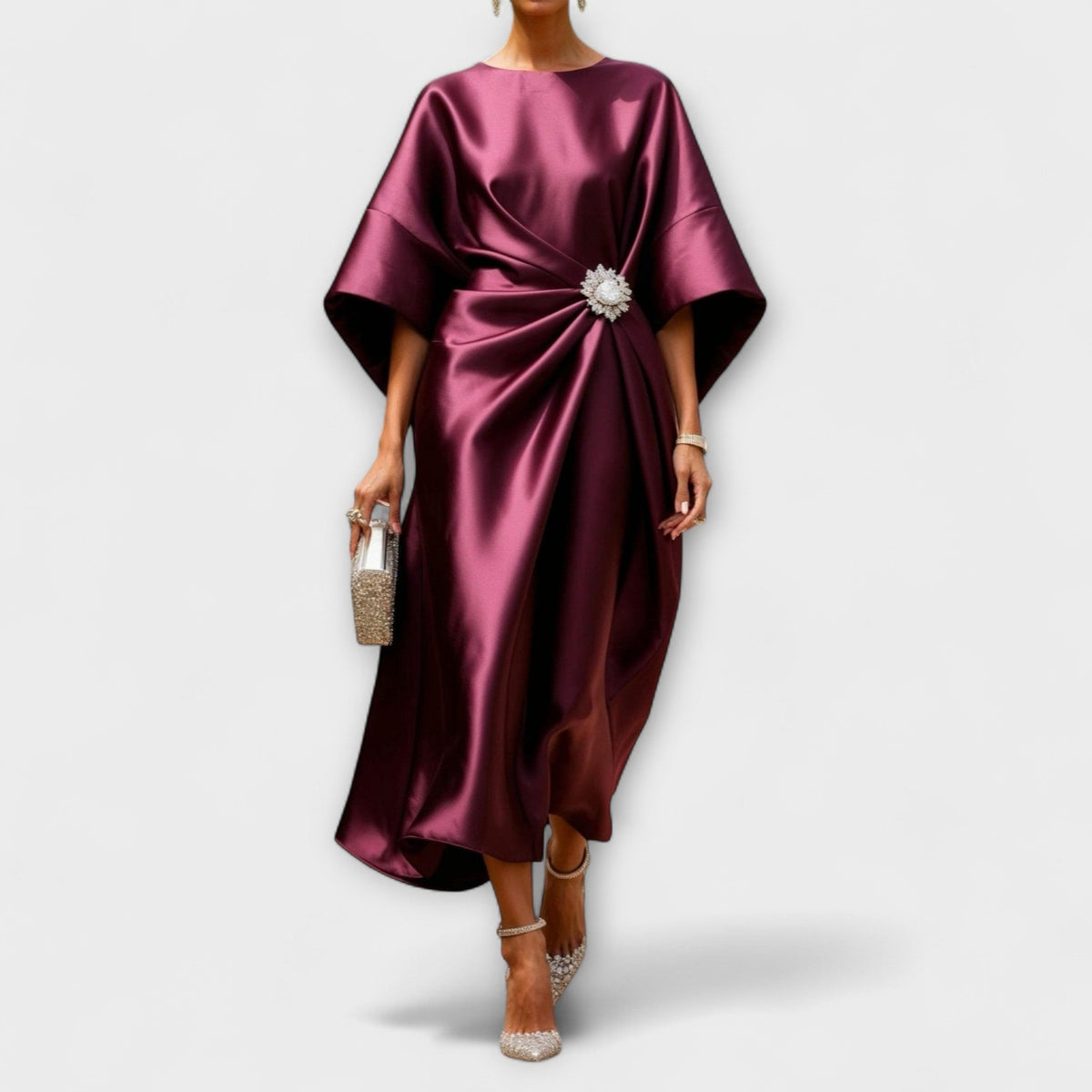 Luxe - Robe Longue en Satin Brillant Bleu Clair