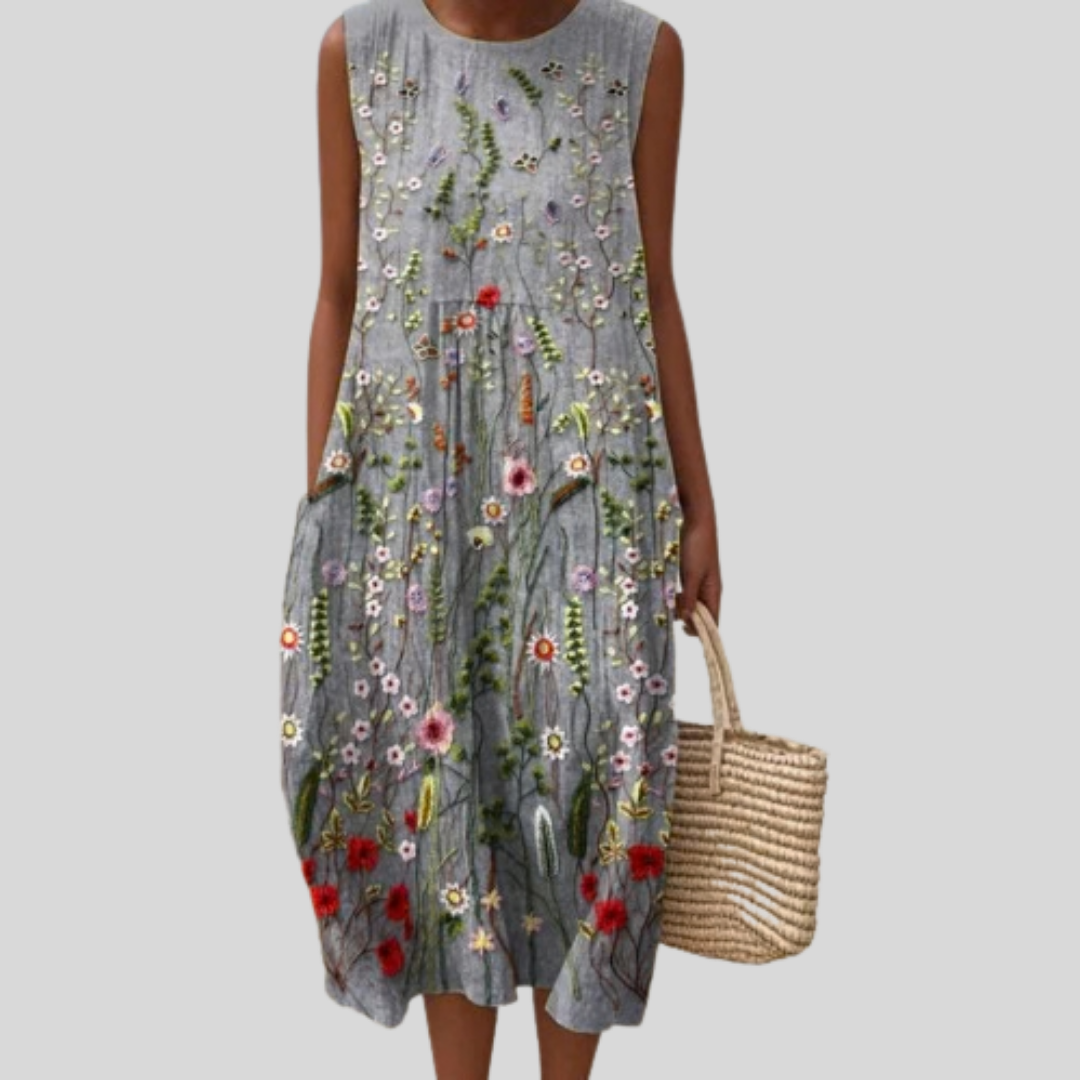Robe Grise Brodée de Fleurs