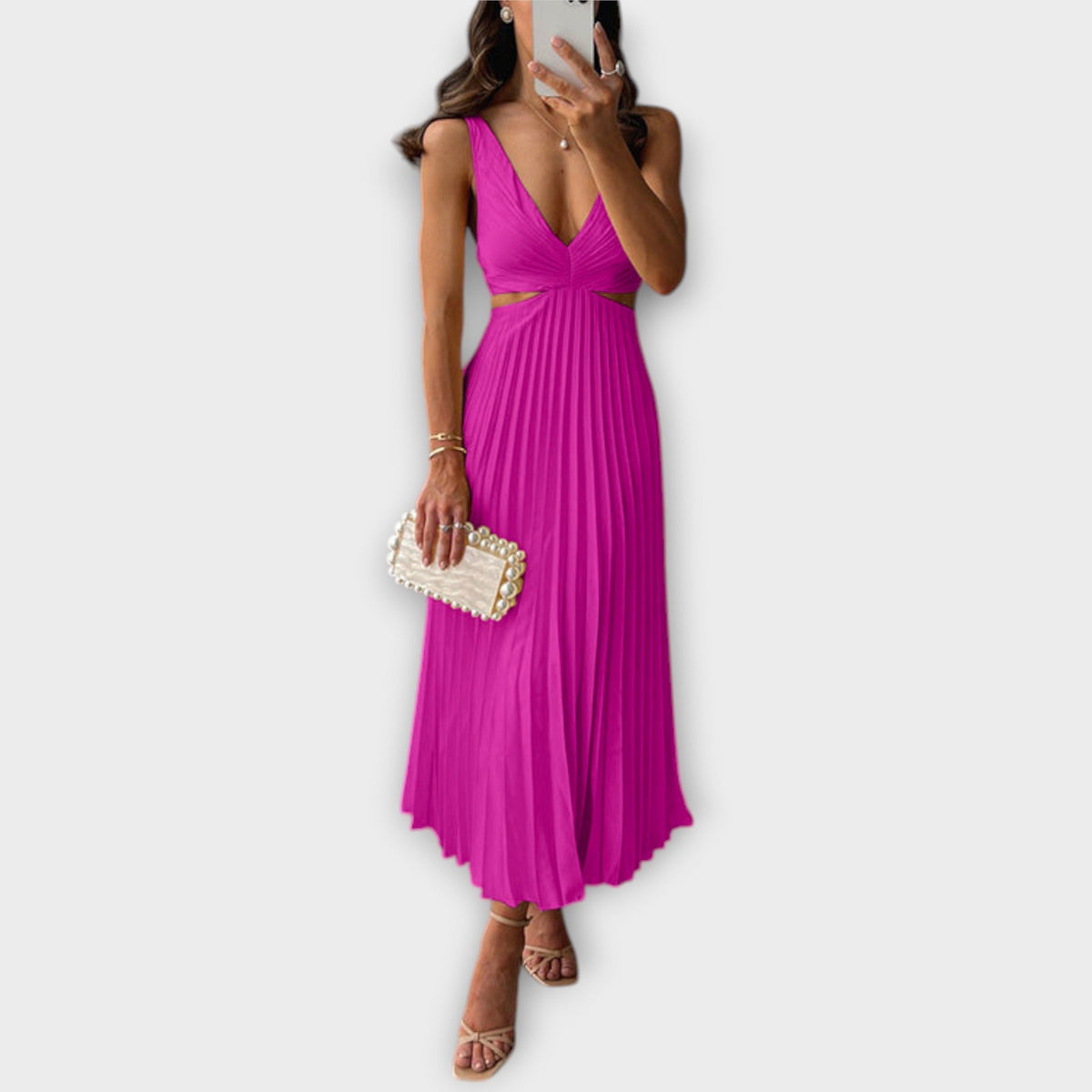 Robe de Soirée Midi Élégante Jaune Plissée