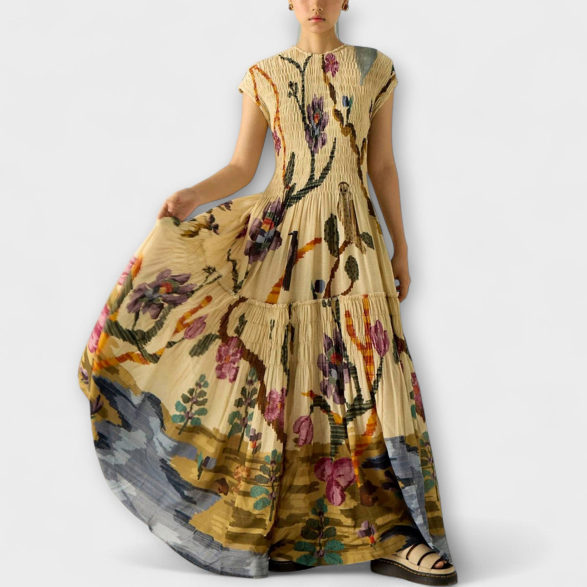 Amanda - Robe Longue Jaune Plissée Imprimée