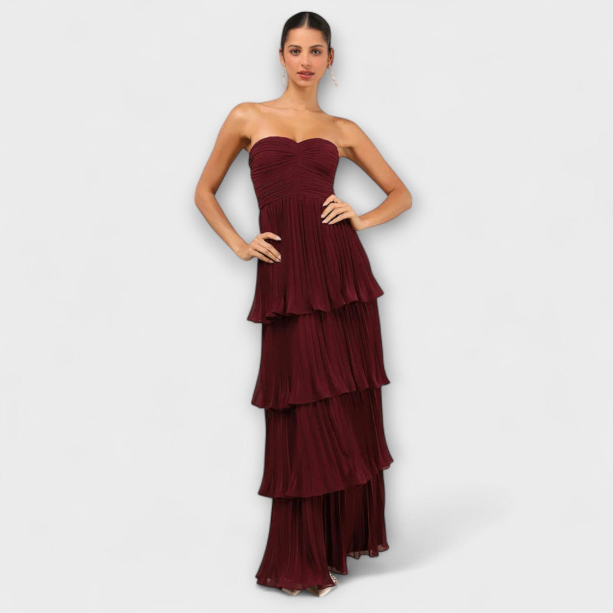 Lorena - Robe Longue à Étages Bordeaux Sans Bretelles
