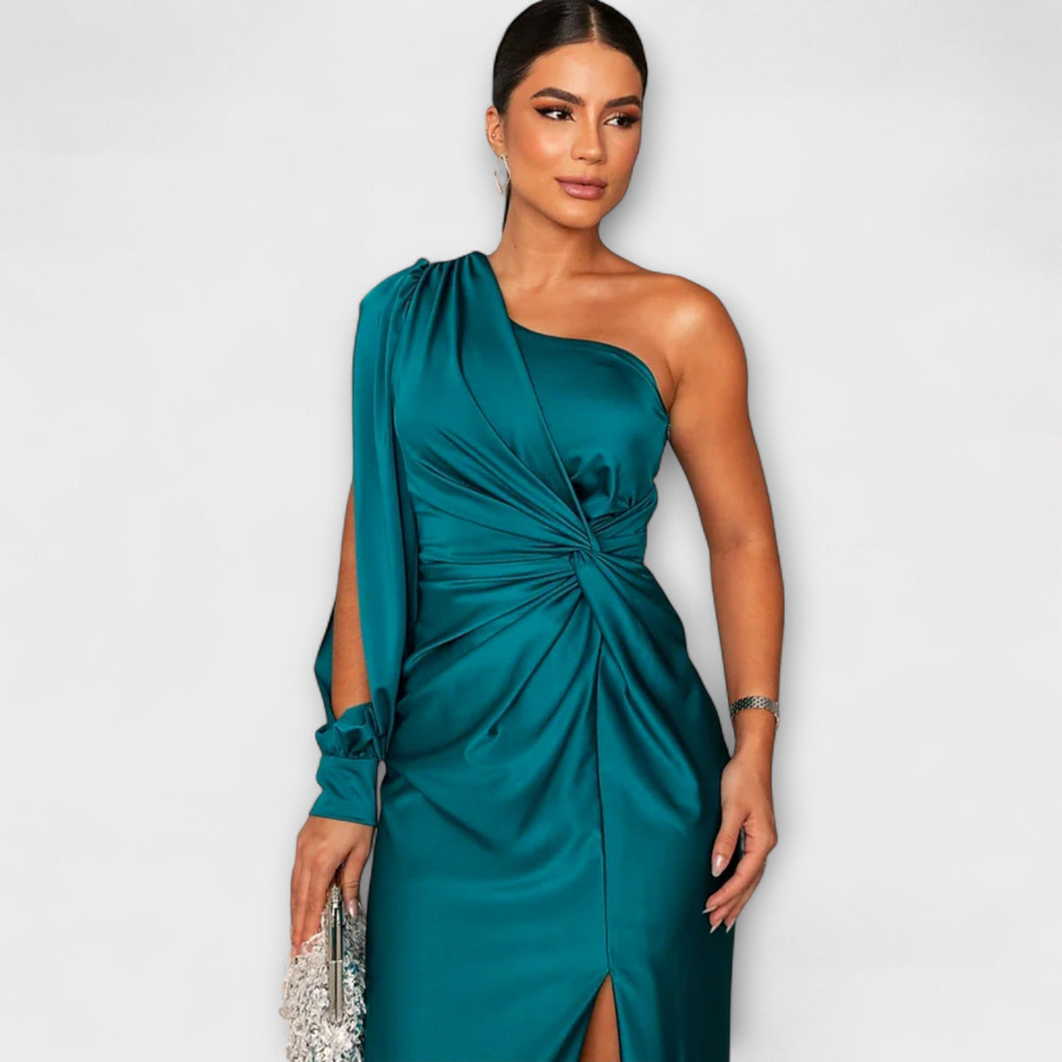 Elisa - Robe Bleu Pétrole Une Épaule Froncée