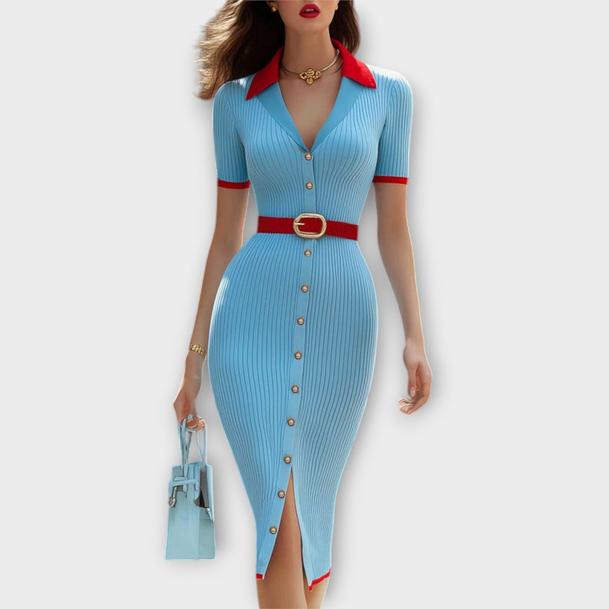 Sina - Robe Fourreau Tricotée Côtelée Bleu Layette