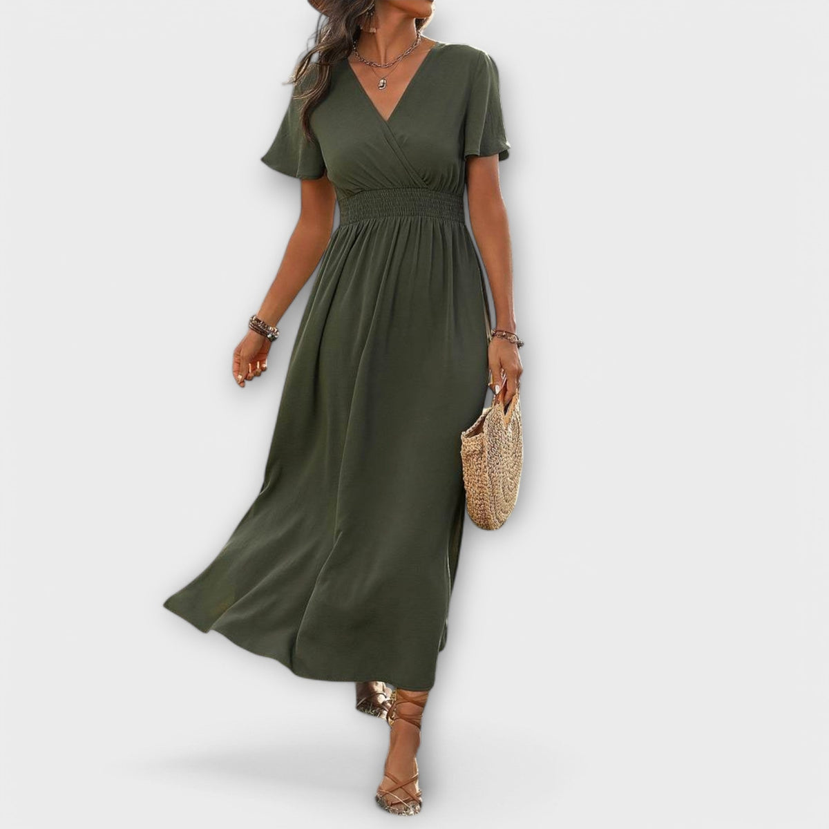 Heather - Robe Bohème Vert Olive à Fente
