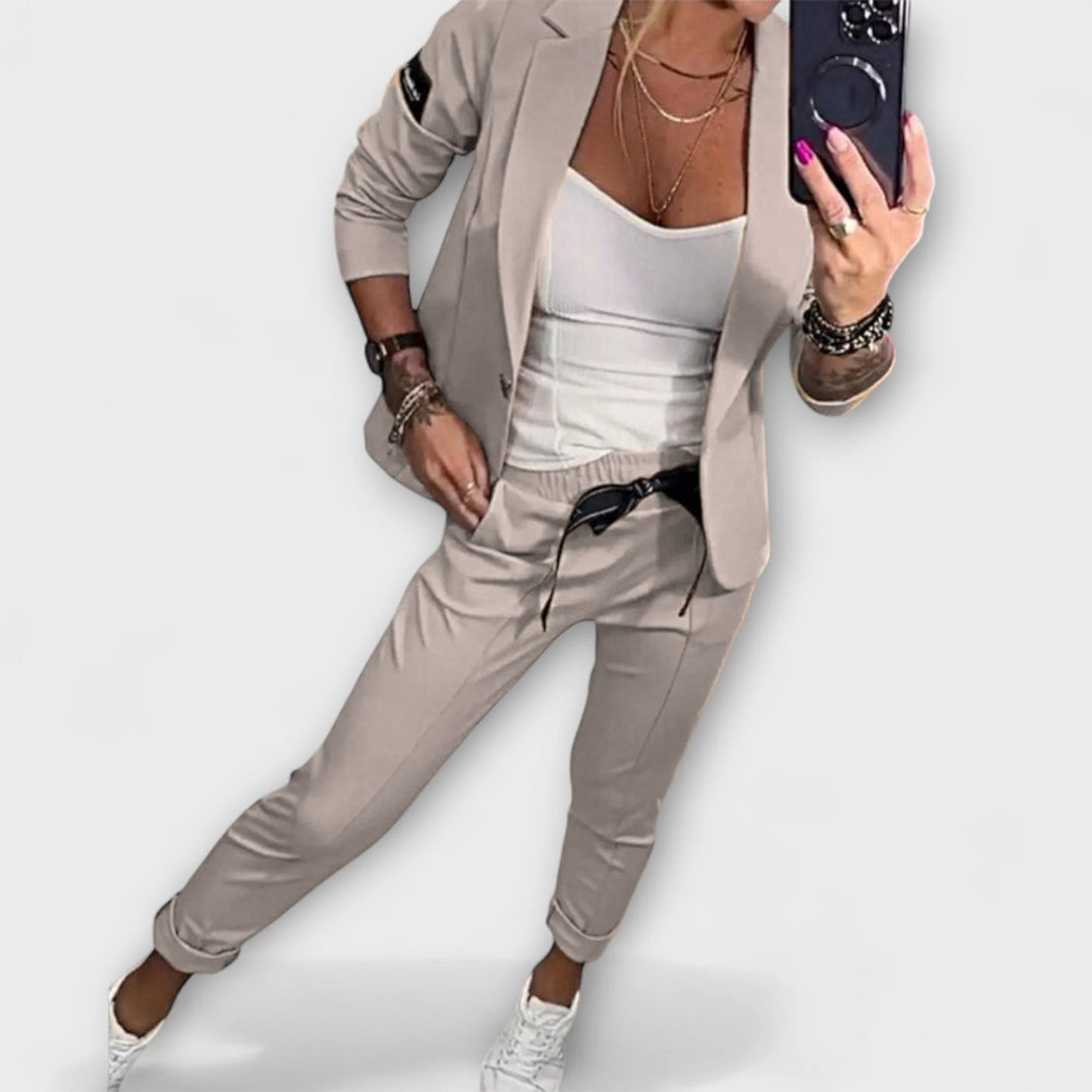 Malou - Ensemble Beige avec Haut, Blazer et Pantalon