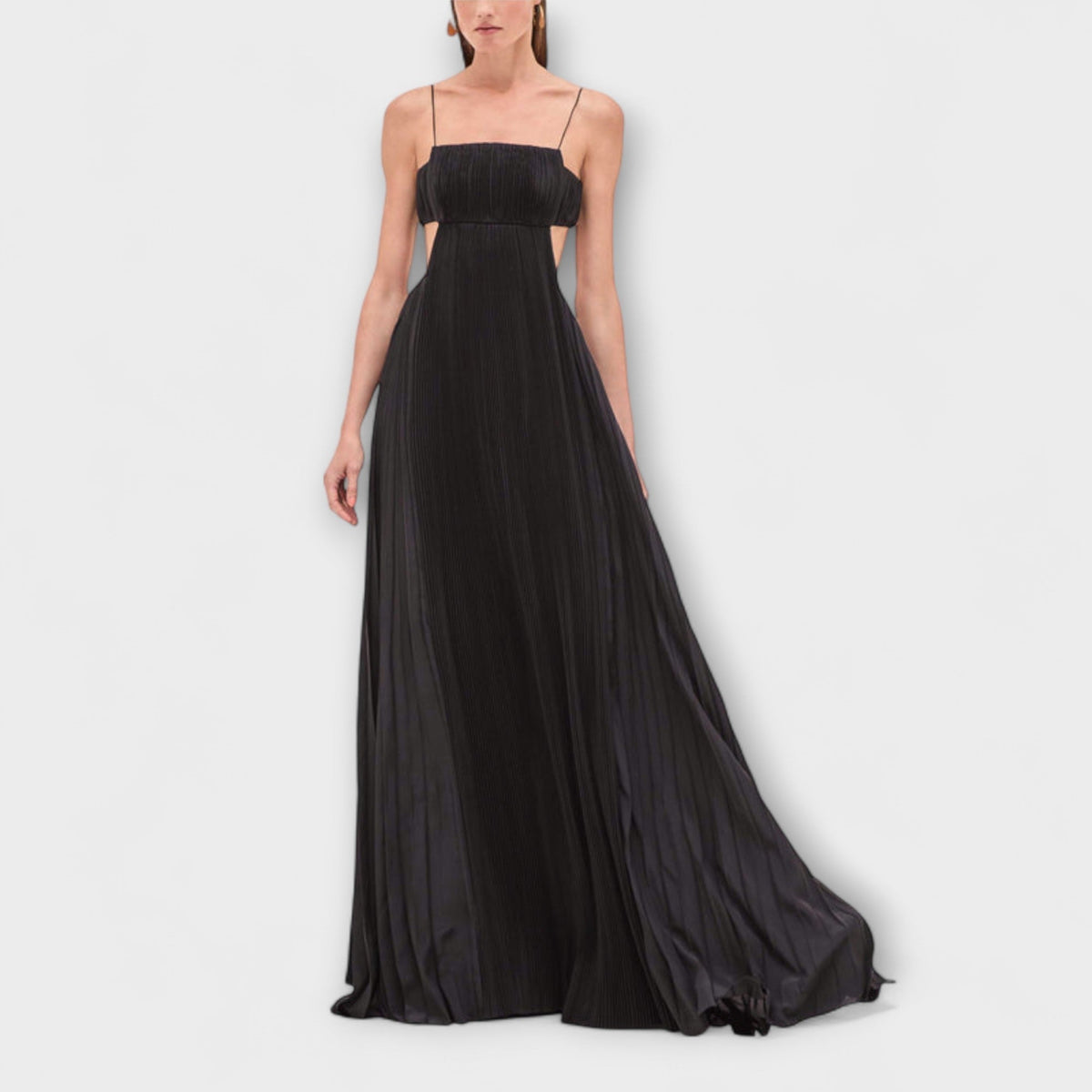 Mireille - Robe Longue Noire Plissée à Découpe