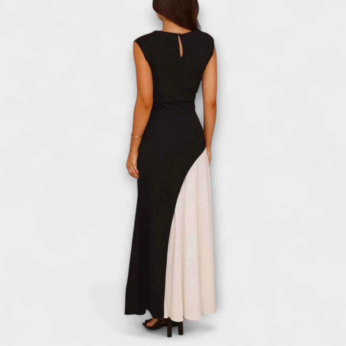 Isabel - Robe Longue Noire et Crème Color-Block