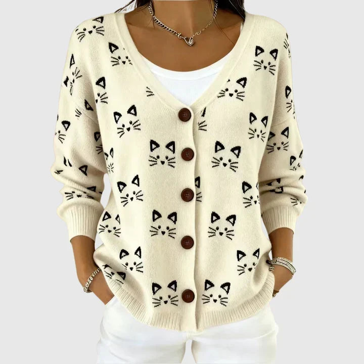 Océane - Cardigan boutonné crème à museaux de chats