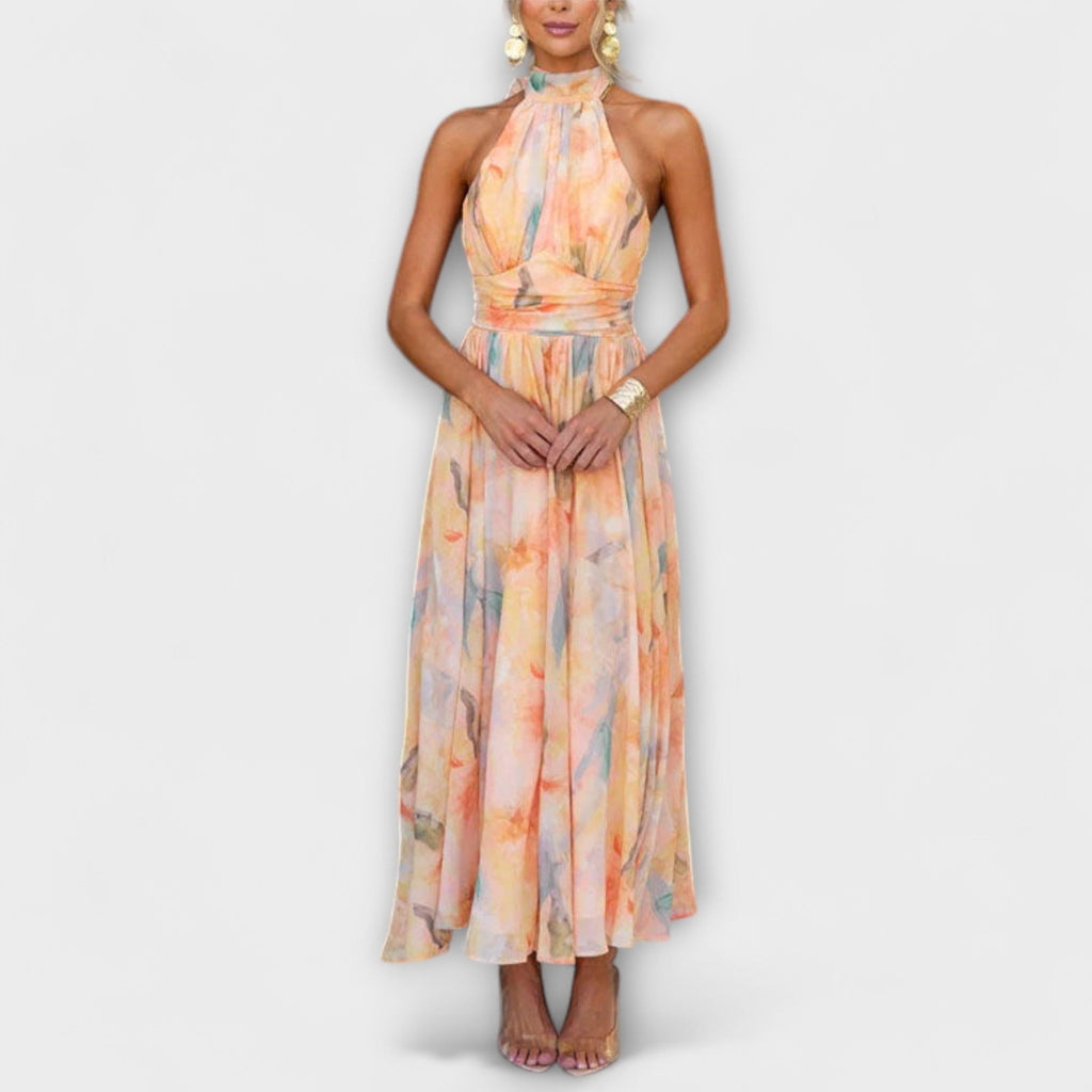 Robe Longue Dos-Nu Colorée à Imprimé Aquarelle
