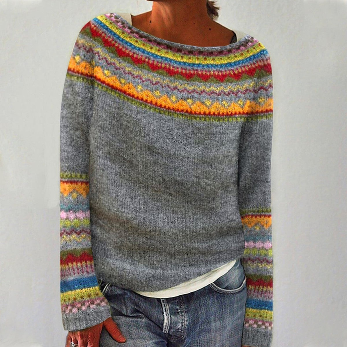 Eerika | Pull Rétro Gris à Rayures Arc-en-Ciel