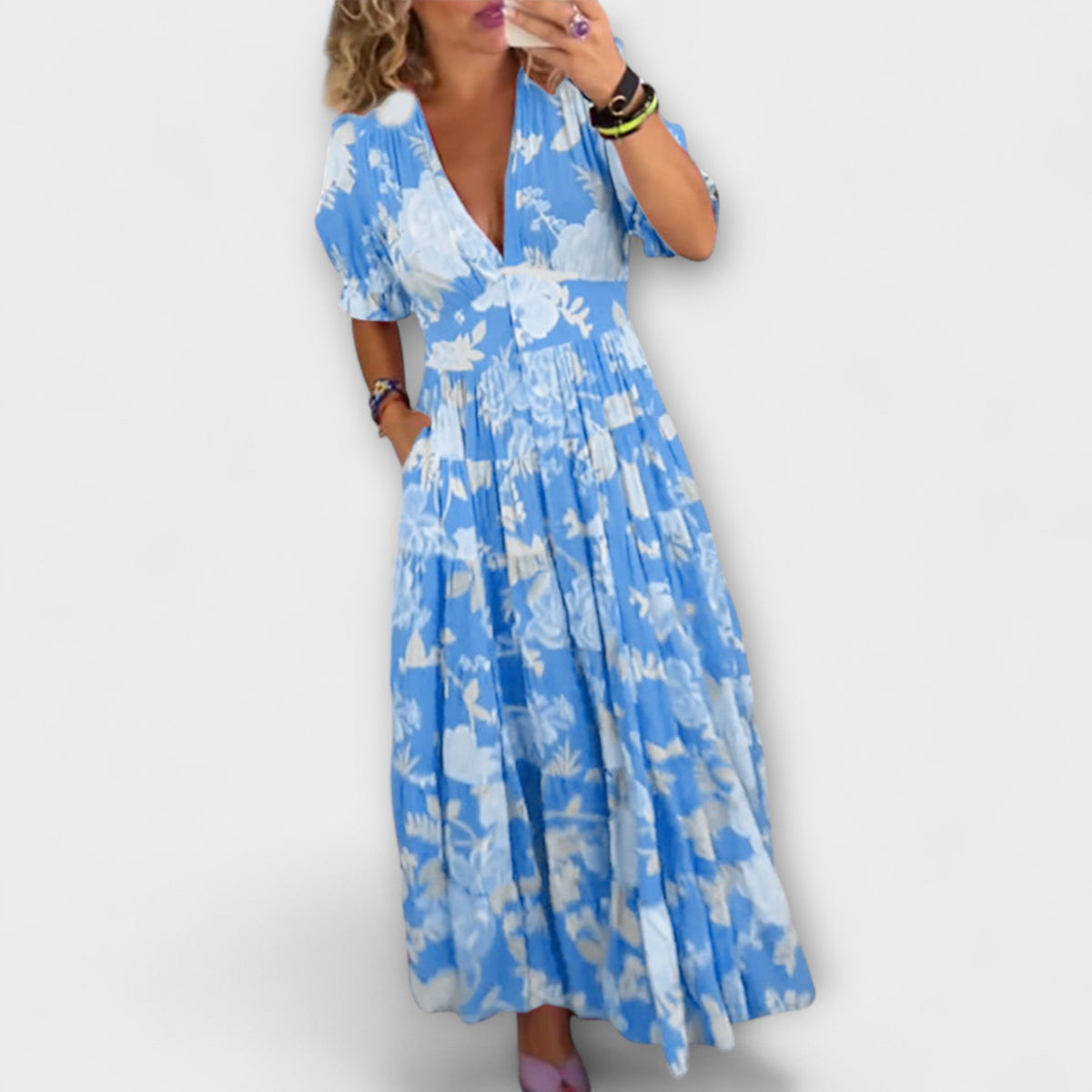 Catrisa - Robe Longue Rouge à Motif Floral et Col V