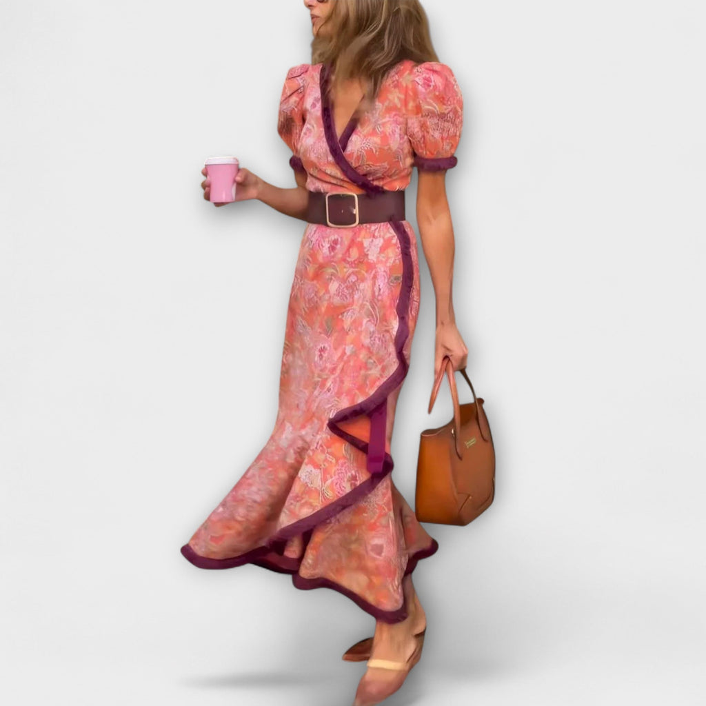 Robe Longue Élégante Rose à Manches Courtes