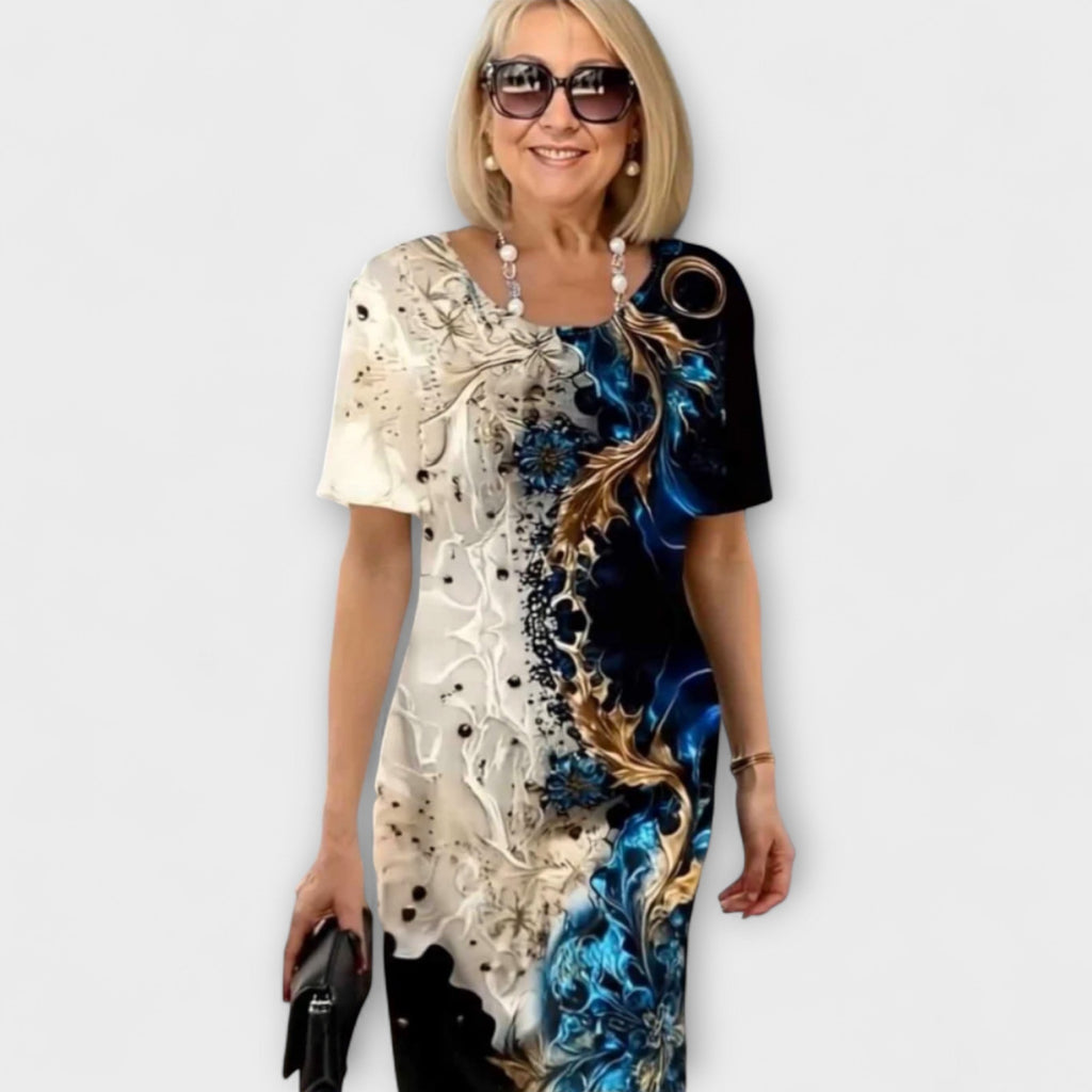 Barbara - Robe Noire et Bleue à Motif Fleurs d'Été