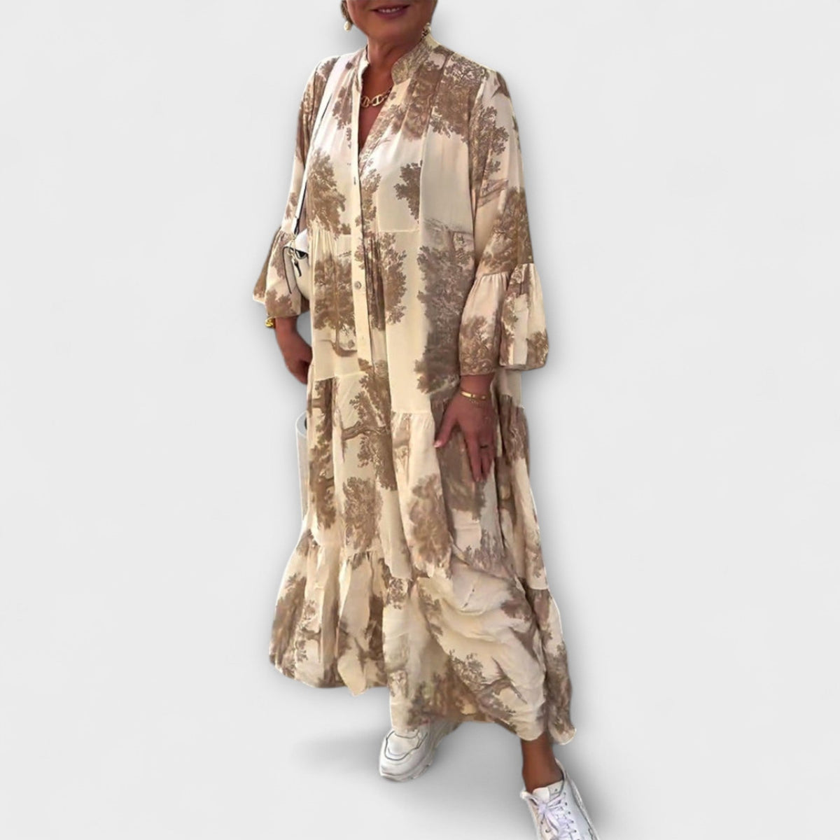 Nerina - Robe Longue Beige à Motif Aquarelle