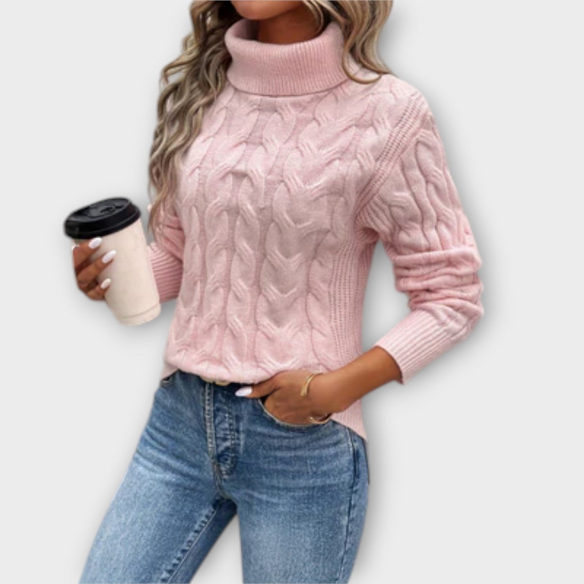 Amelia - Pull Col Roulé Élégant Rose à Torsades