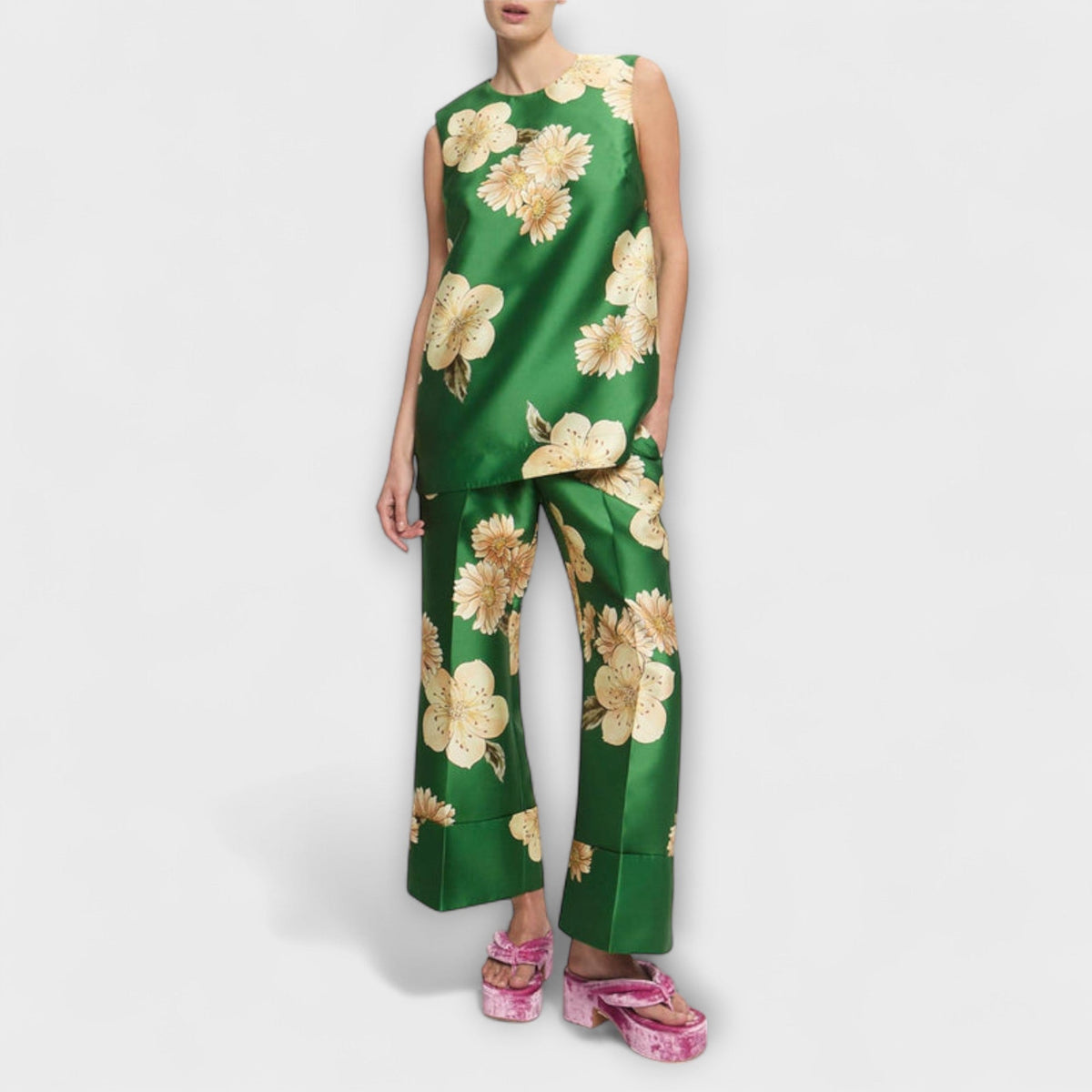 Clea - Ensemble Sans Manches Vert à Motif Fleuri