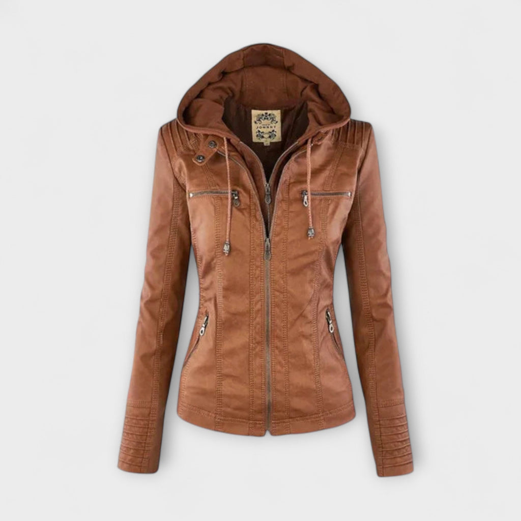 Amélie - Veste en Cuir Marron à Col Montant