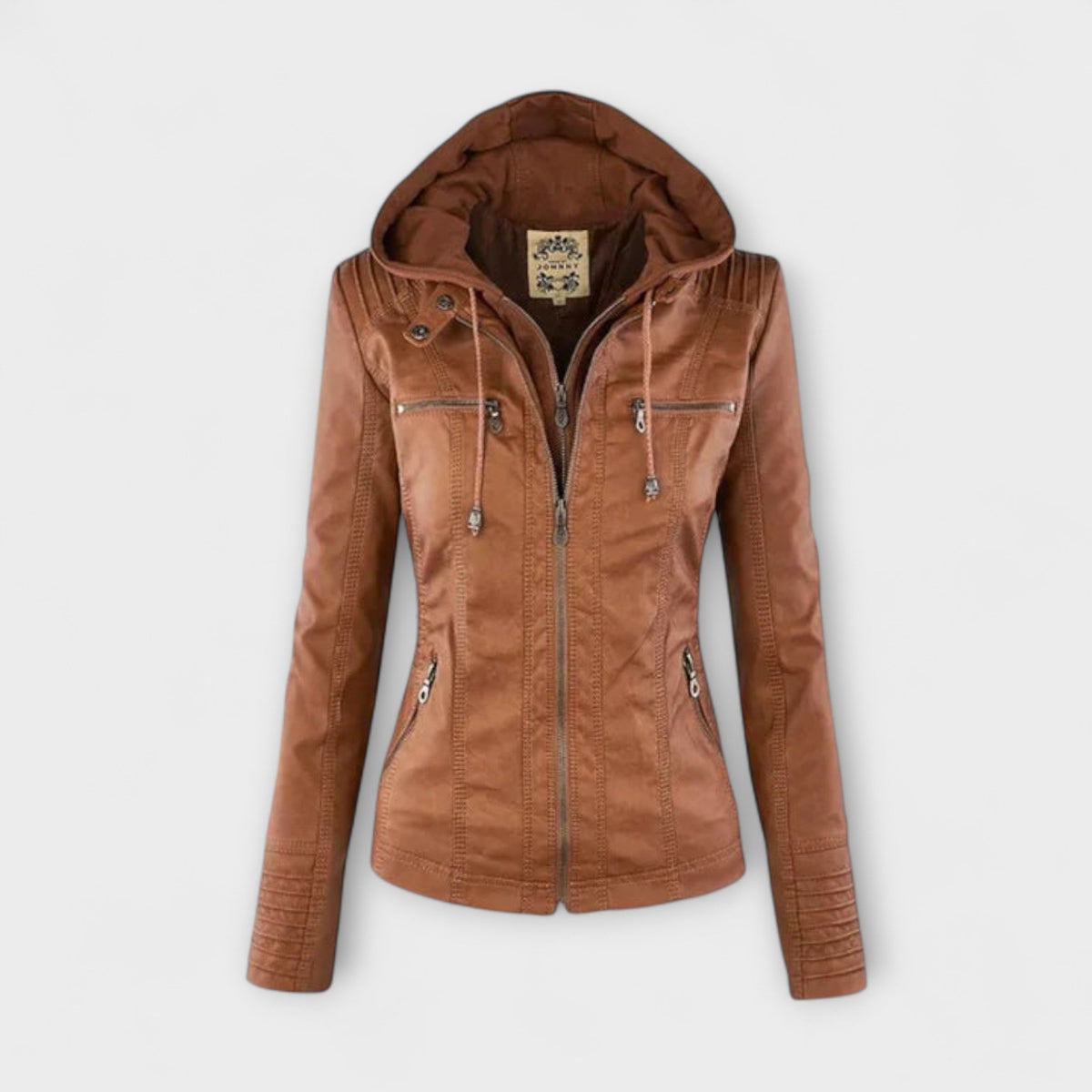 Amélie - Veste en Cuir Marron à Col Montant