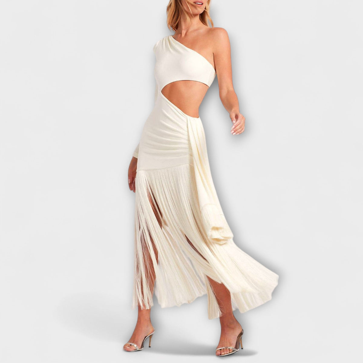 Alice - Robe Longue Crème à Découpe et Franges