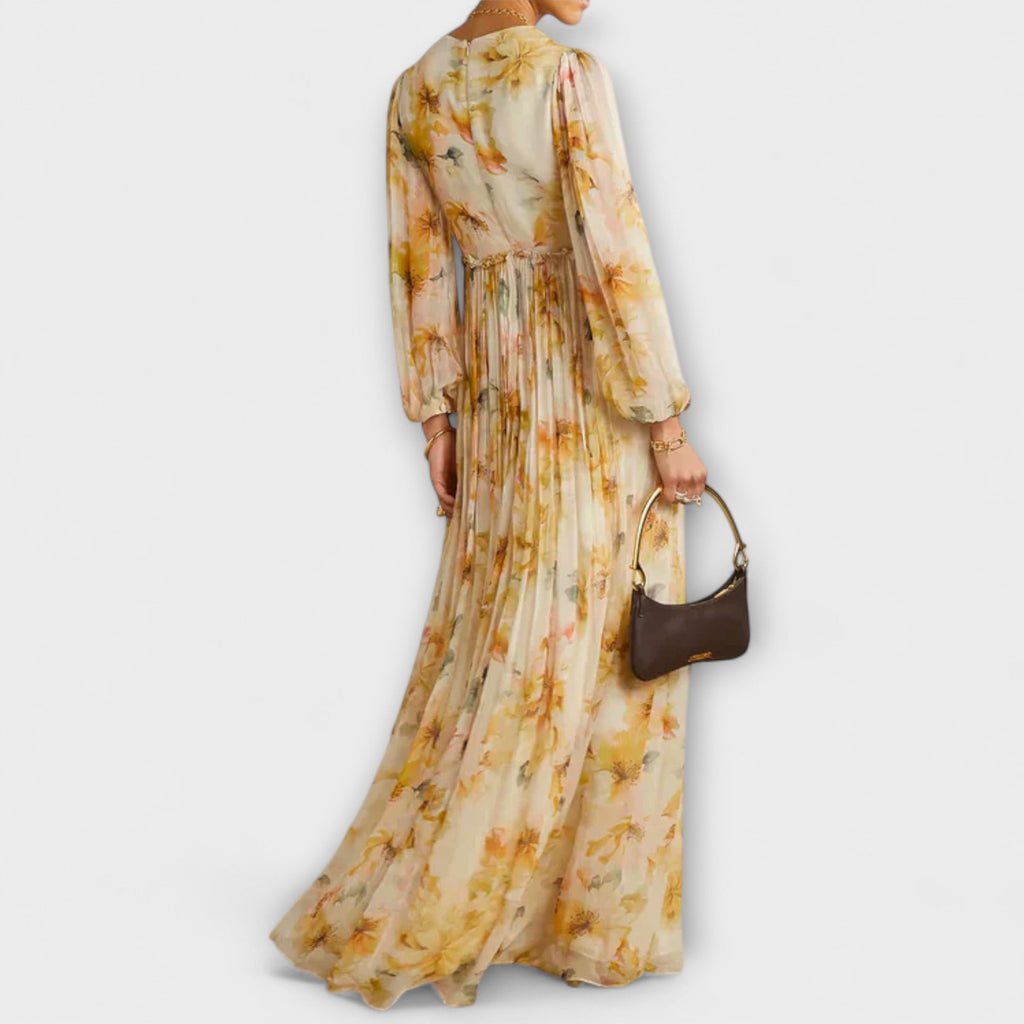 Nele - Robe Longue Jaune à Motif Floral