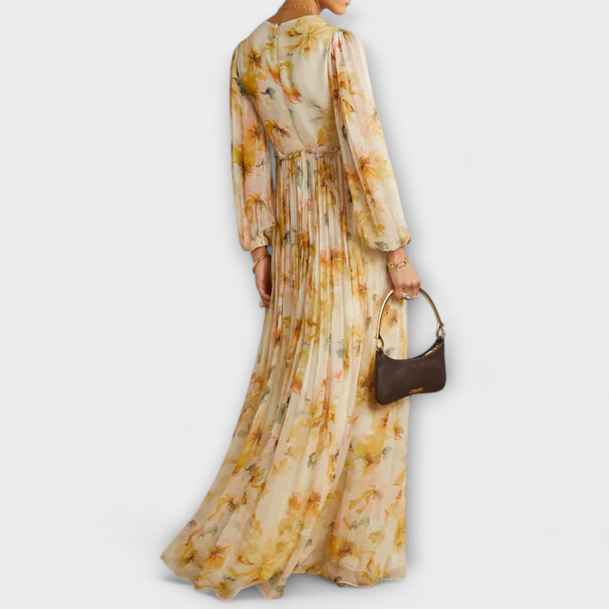 Nele - Robe Longue Jaune à Motif Floral