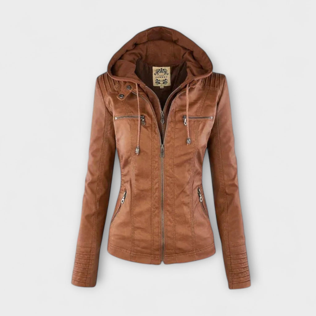 Amélie - Veste en Cuir Marron à Col Montant