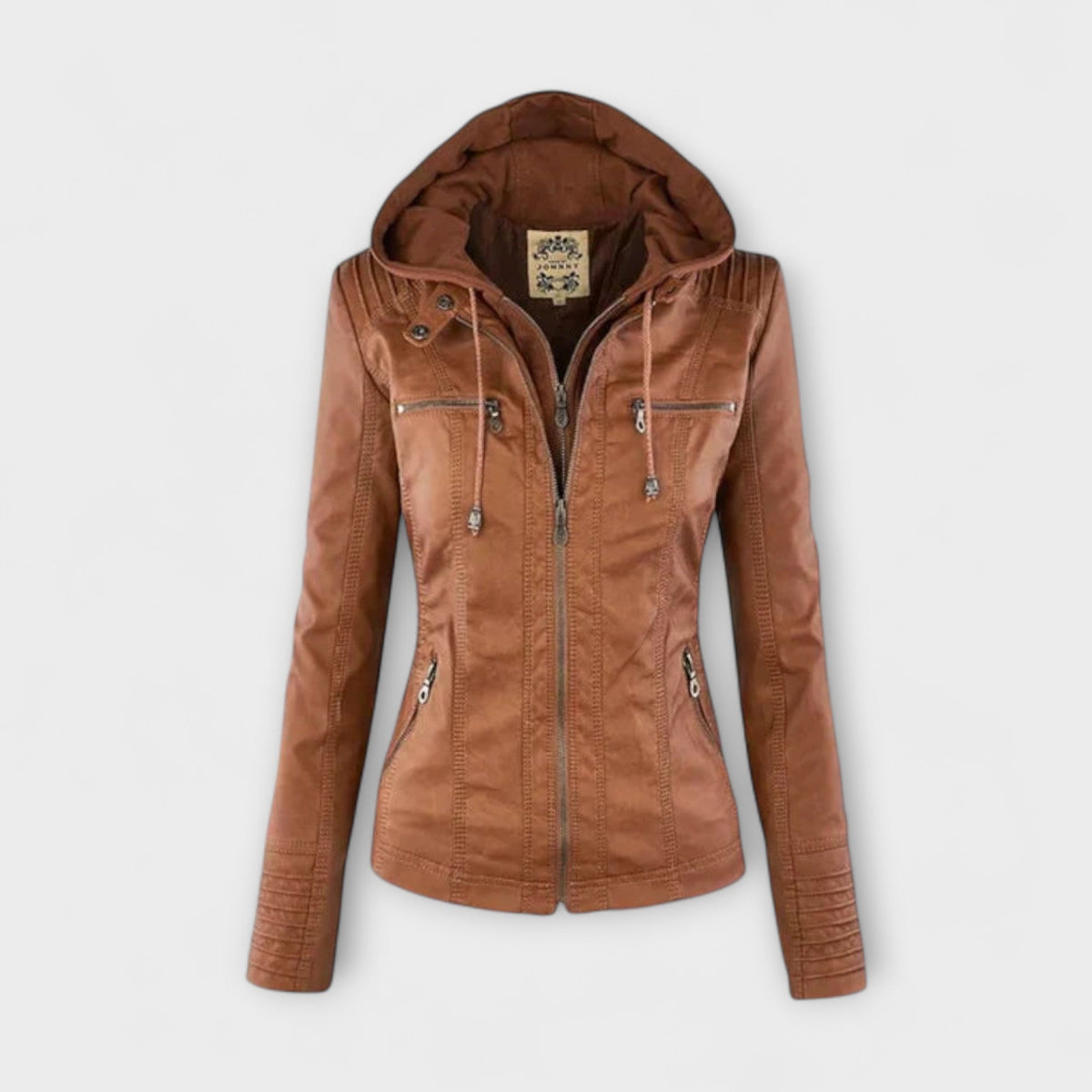 Amélie - Veste en Cuir Marron à Col Montant