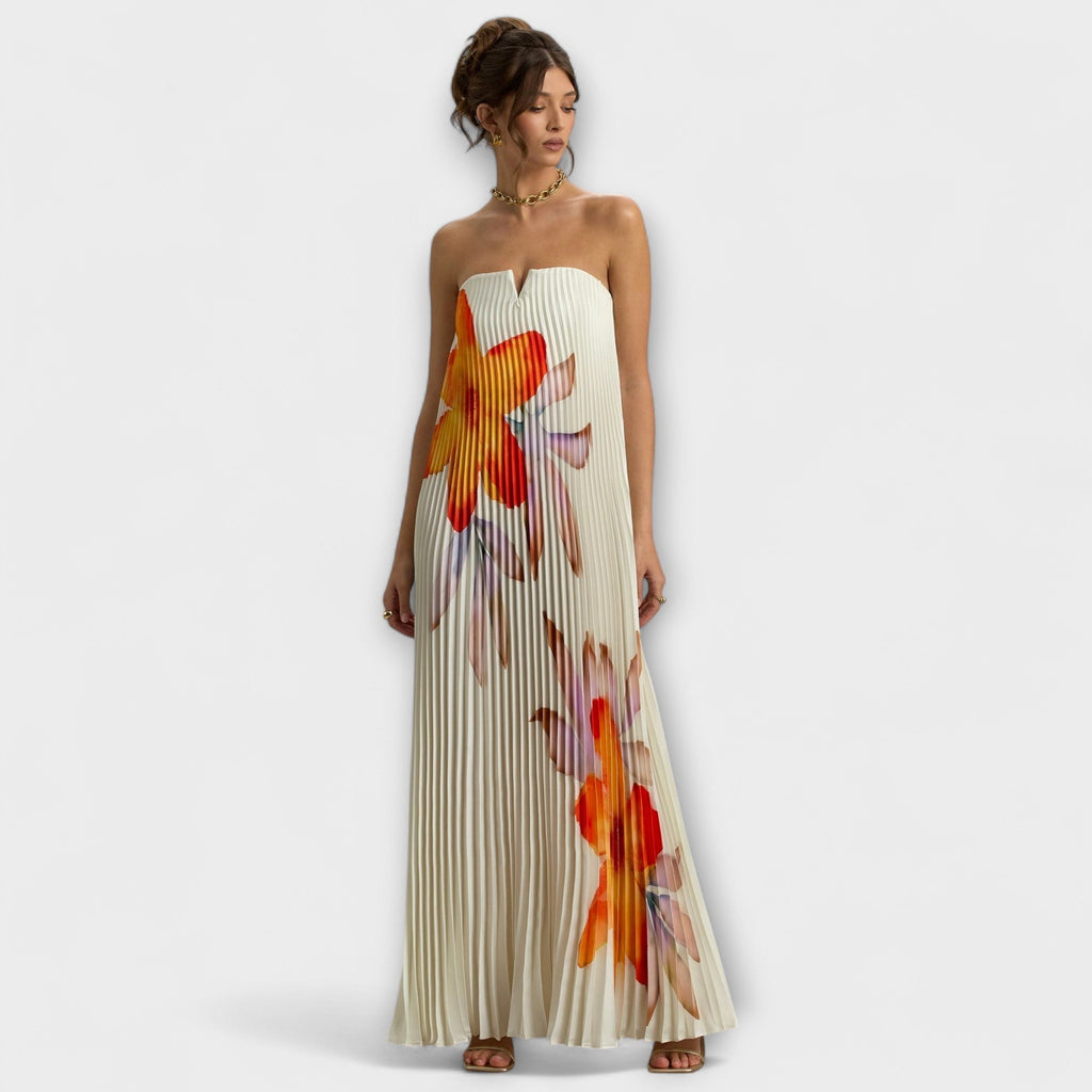 Michelle - Robe Longue Crème à Motif Floral Orange