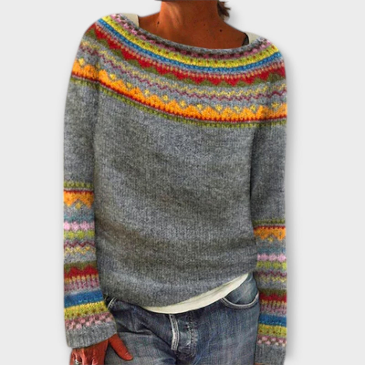 Suzu - Pull Vintage Gris à Motif Norvégien Coloré