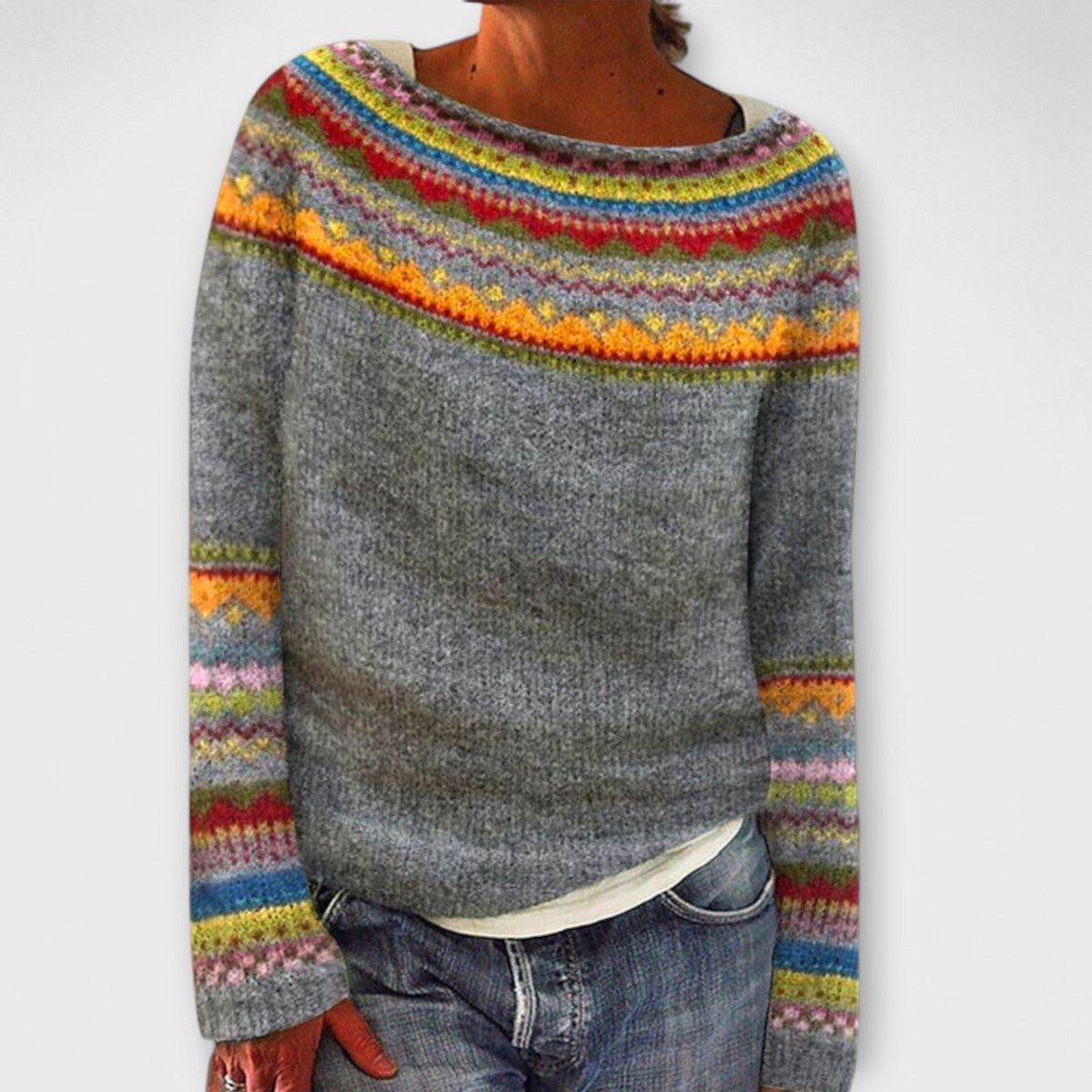 Kirra - Pull Rétro Gris à Motif Norvégien