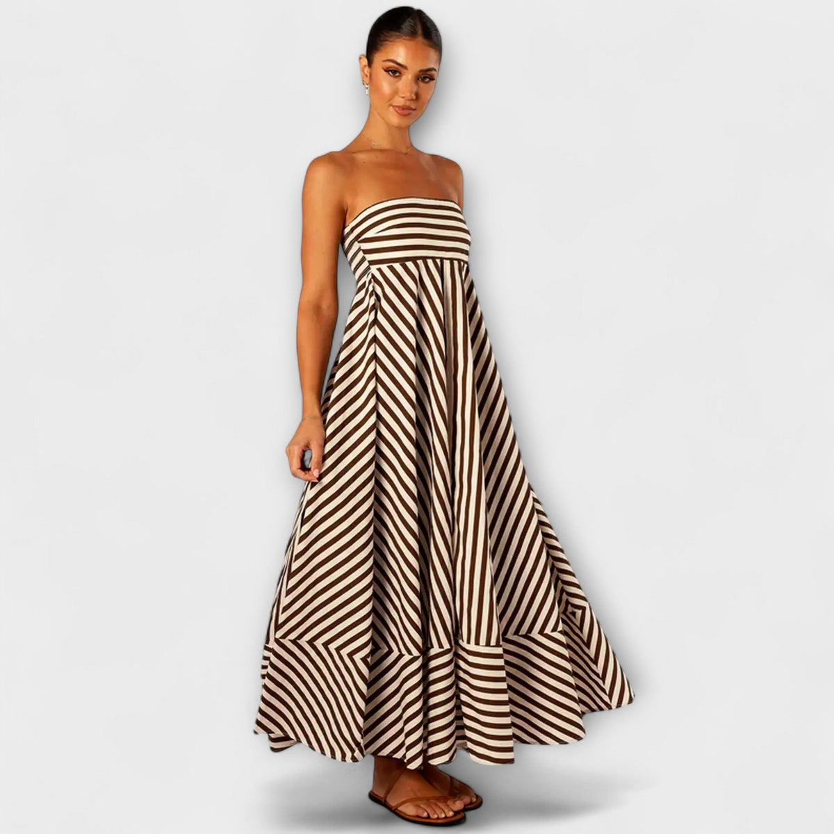Robe Longue à Volants Rayée Beige et Noire
